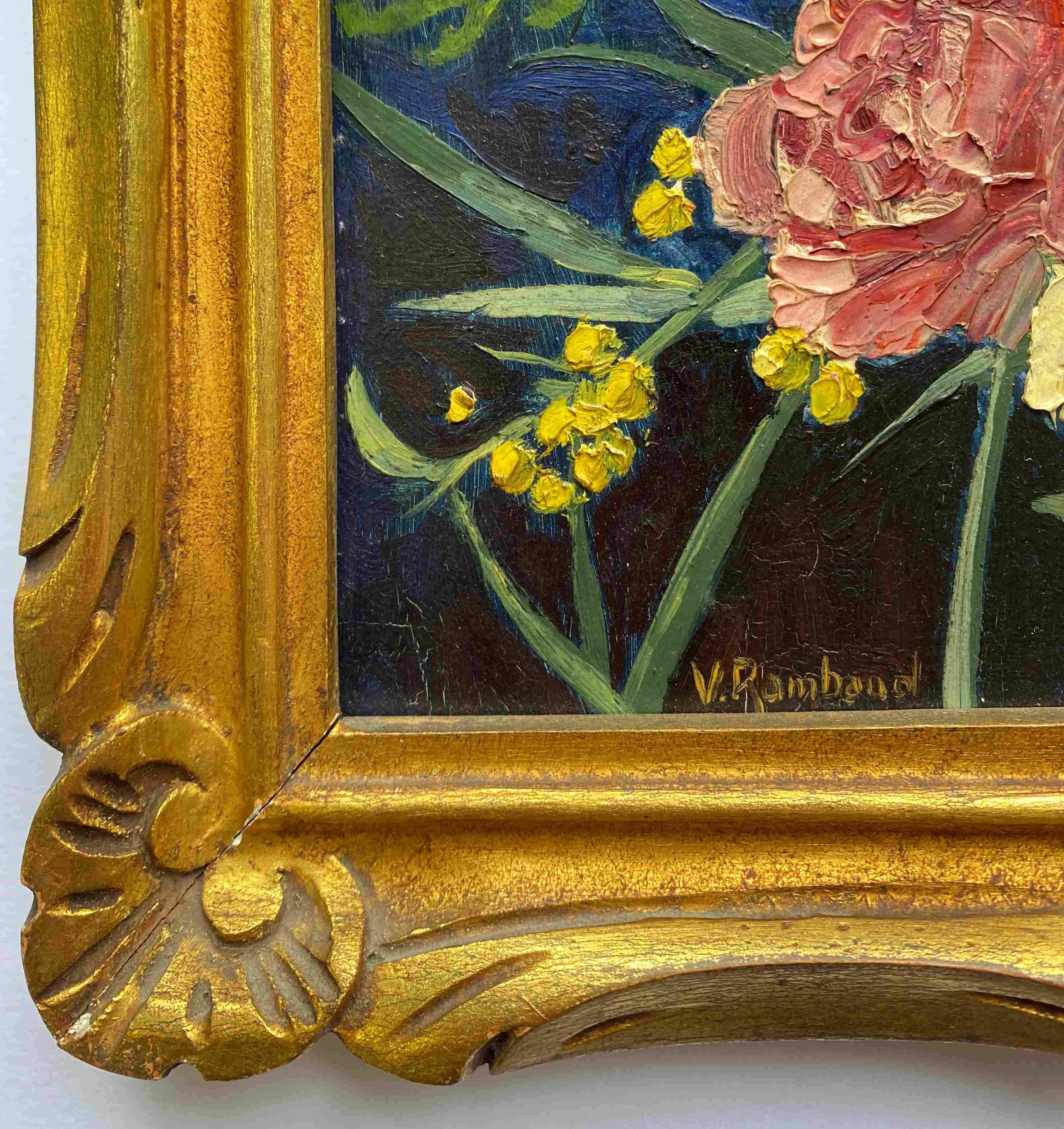 HSP painting "Bouquet of carnations and mimosas" 1934 by Victor RAMBAUD (1902-1996)