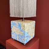 Base stuck blue beige marble-plaster, fringed lampshade Houles, 21st century.
