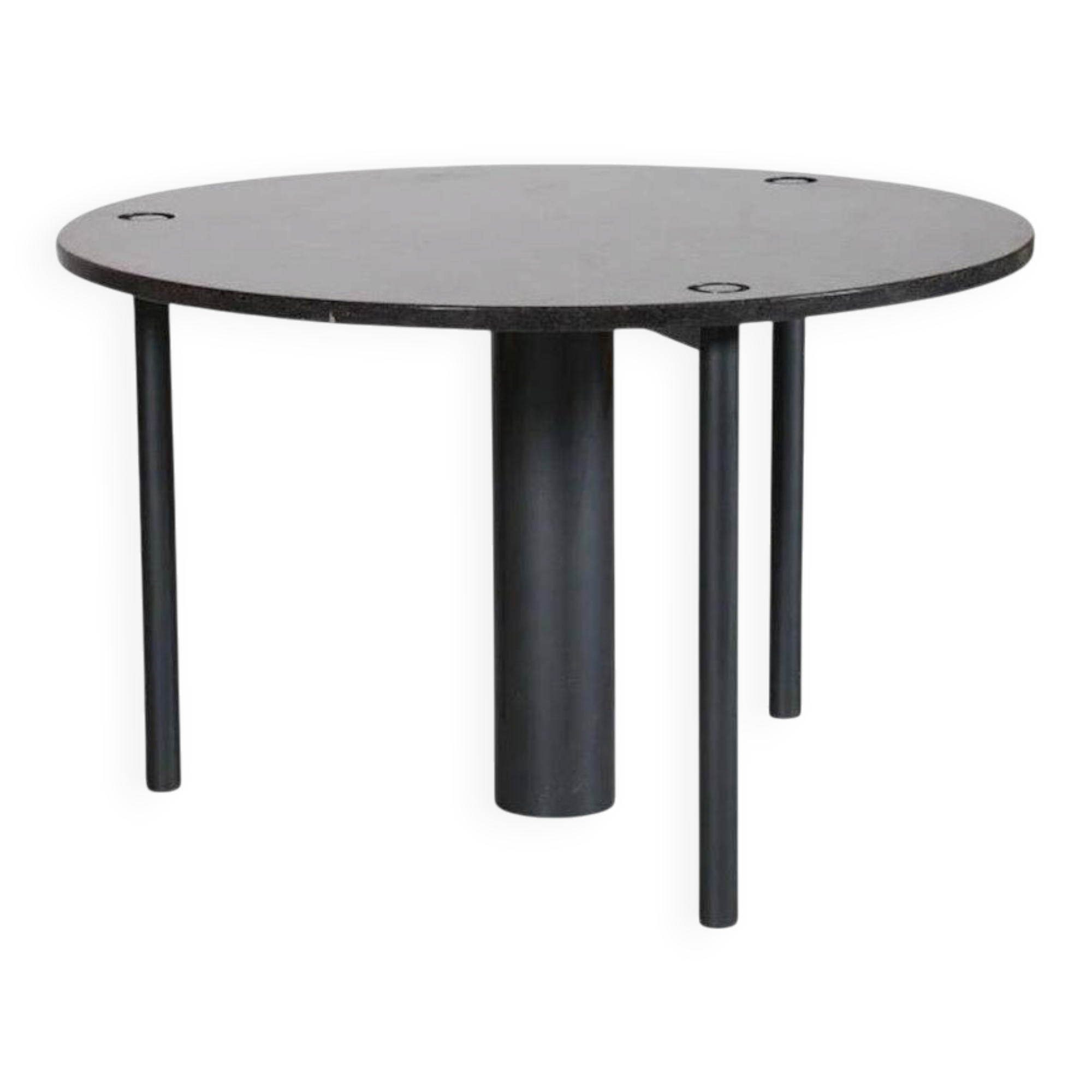 Round dining table in black lacquered metal with a granite top.
