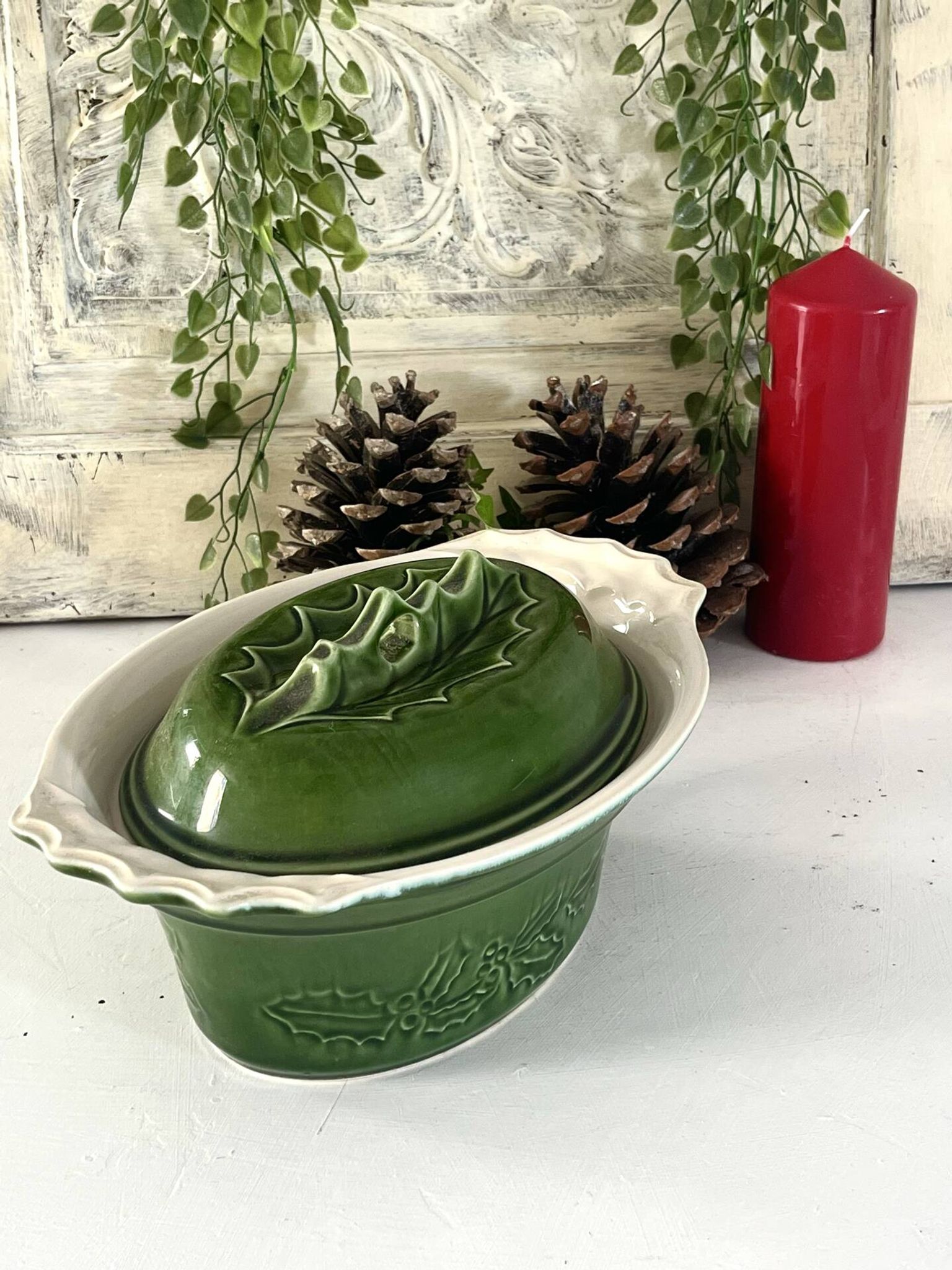 Christmas Terrine with Holly Lid, Green Ceramic Serving Dish, Vintage