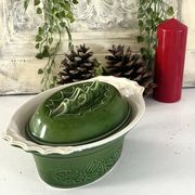 Christmas Terrine with Holly Lid, Green Ceramic Serving Dish, Vintage