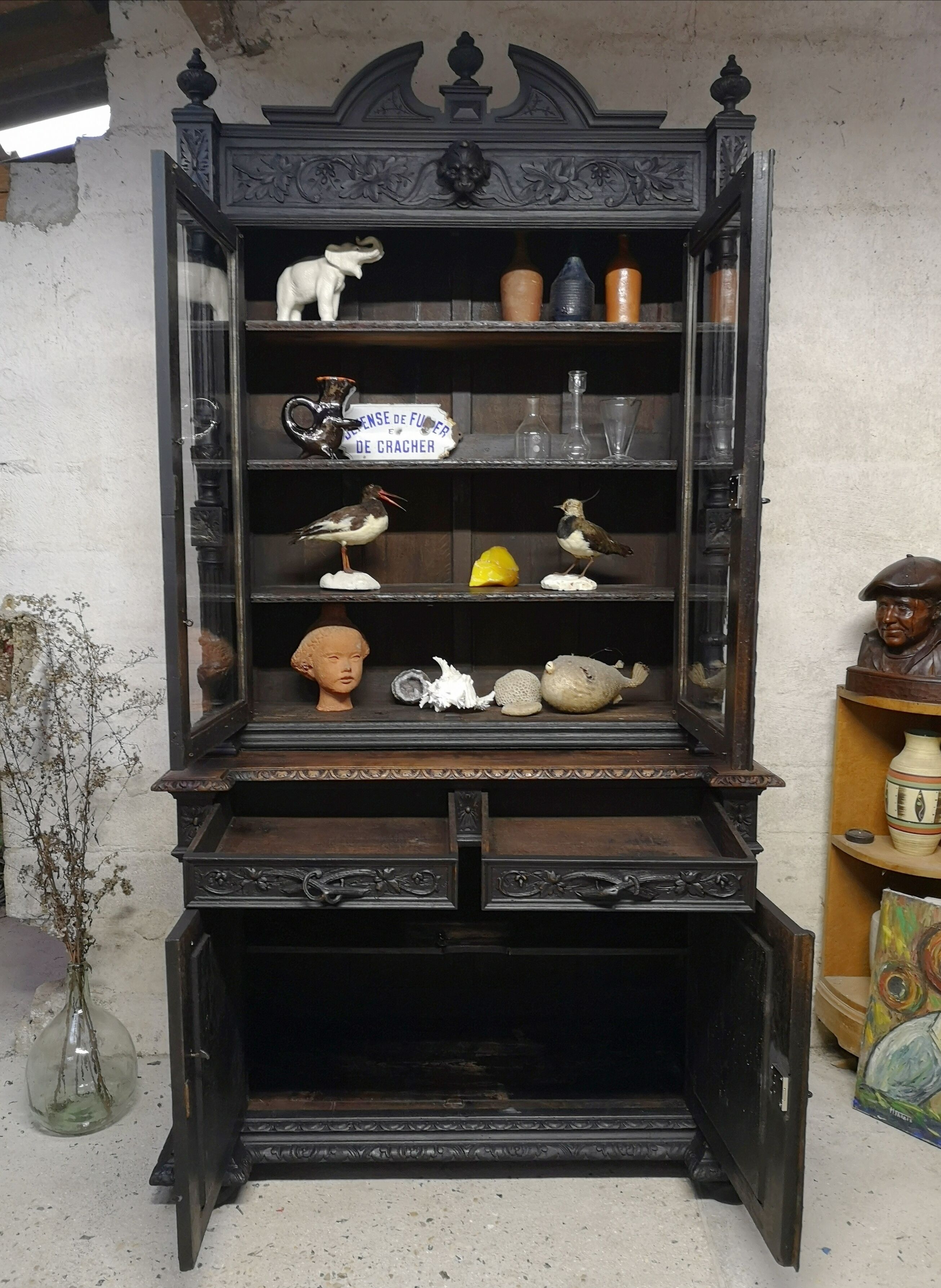 Hunting buffet XIX Louis XIII oak, cabinet curiosity showcase library