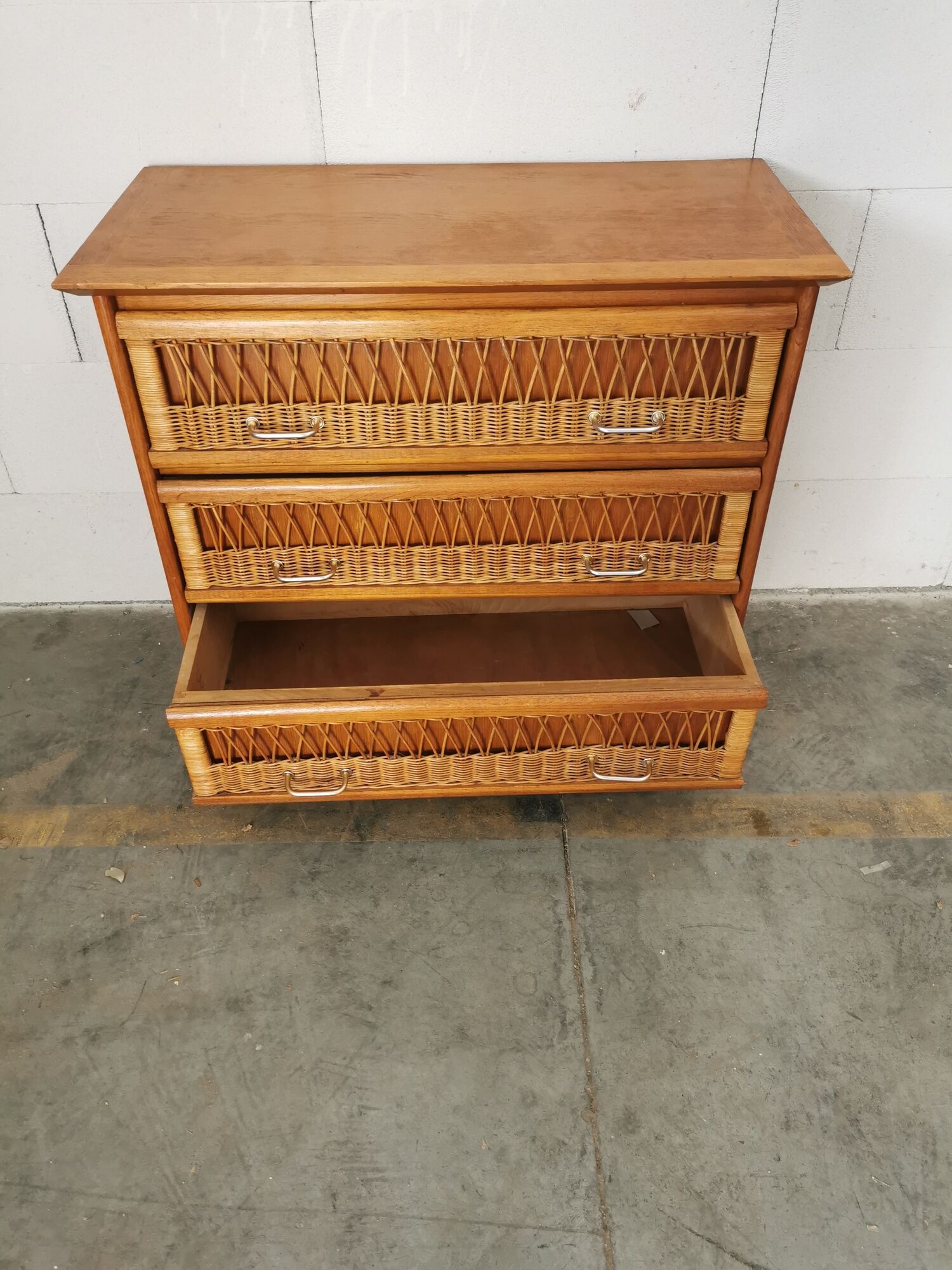 Vintage wood and rattan chest of drawers