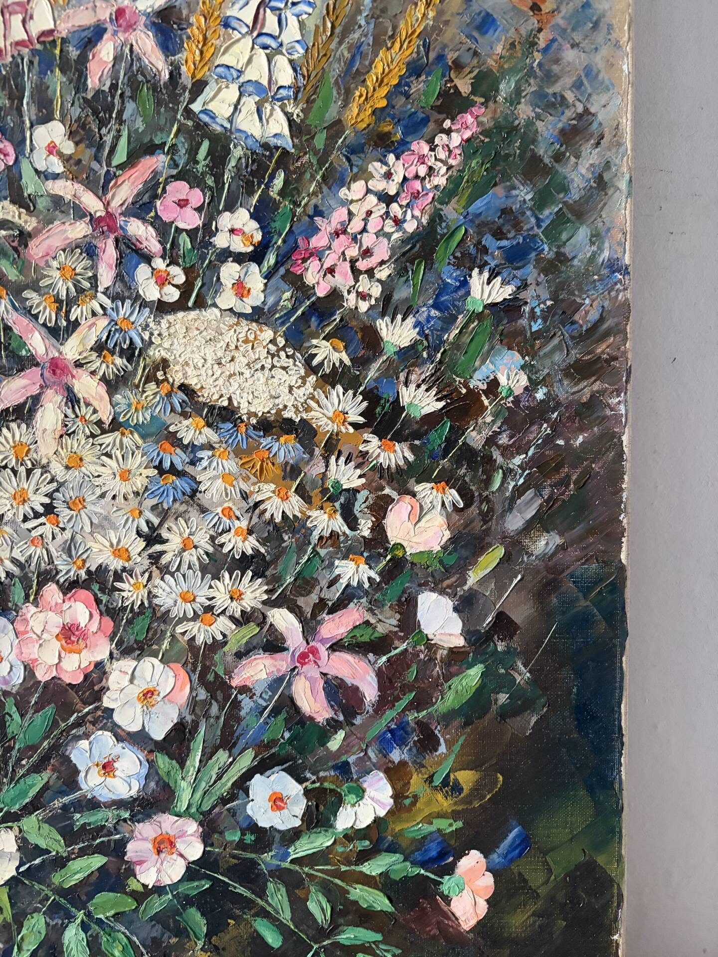 Wildflower bouquet with foxgloves, knife oil painting signed H Barro.