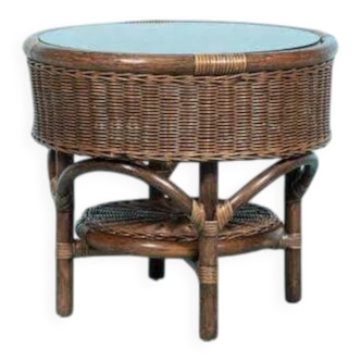 Bohemian 70s coffee table, round rattan side table.
