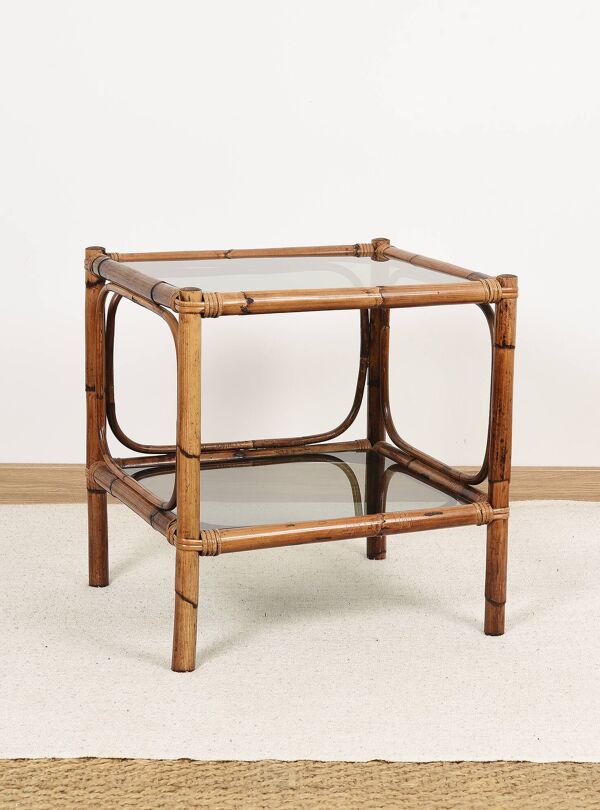 Table de chevet ou table basse en bambou et verre fumé, double plateau, années 70