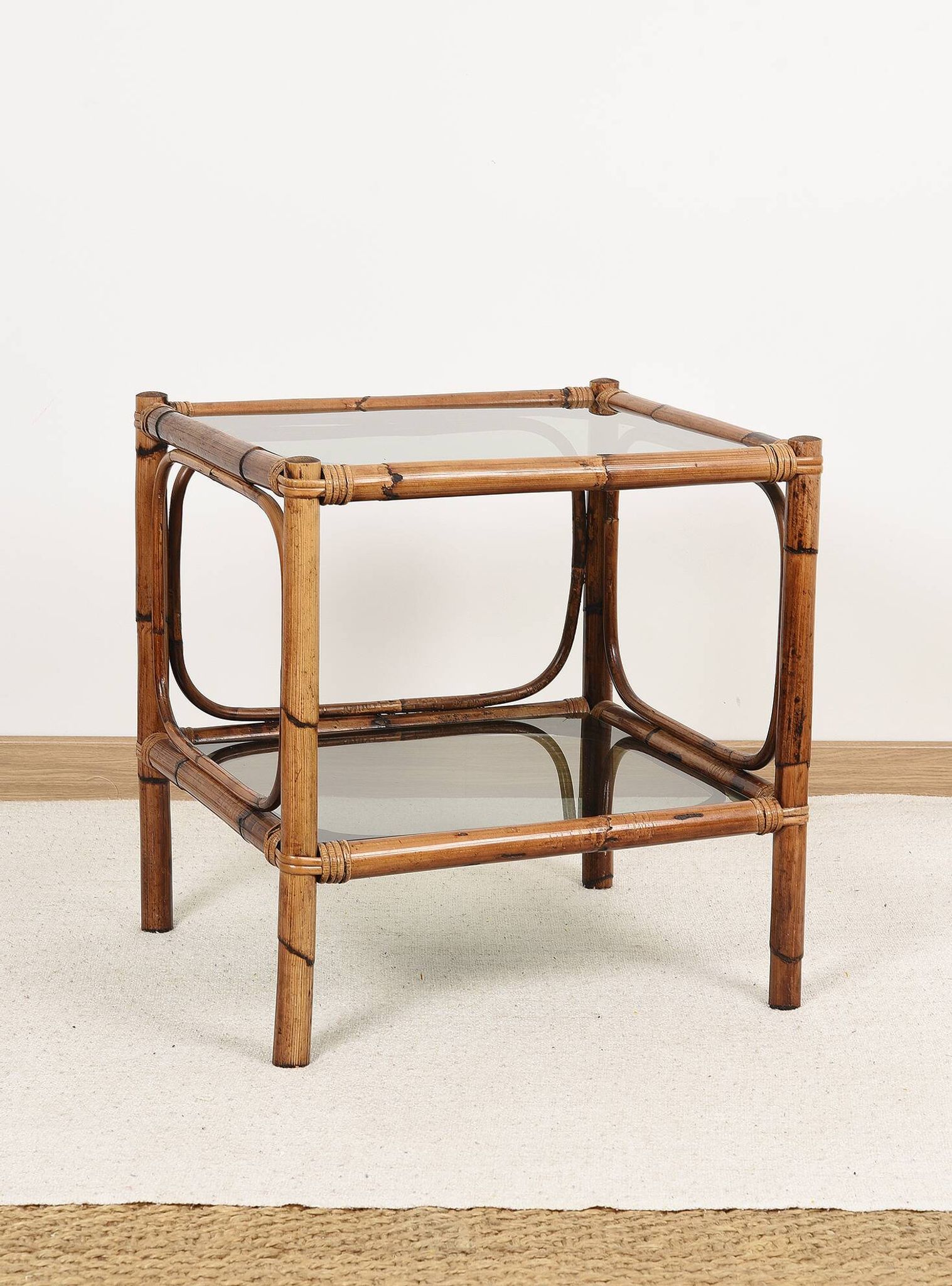 Bedside table or coffee table in bamboo and smoked glass, double top, 70s