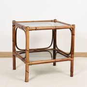 Bedside table or coffee table in bamboo and smoked glass, double top, 70s