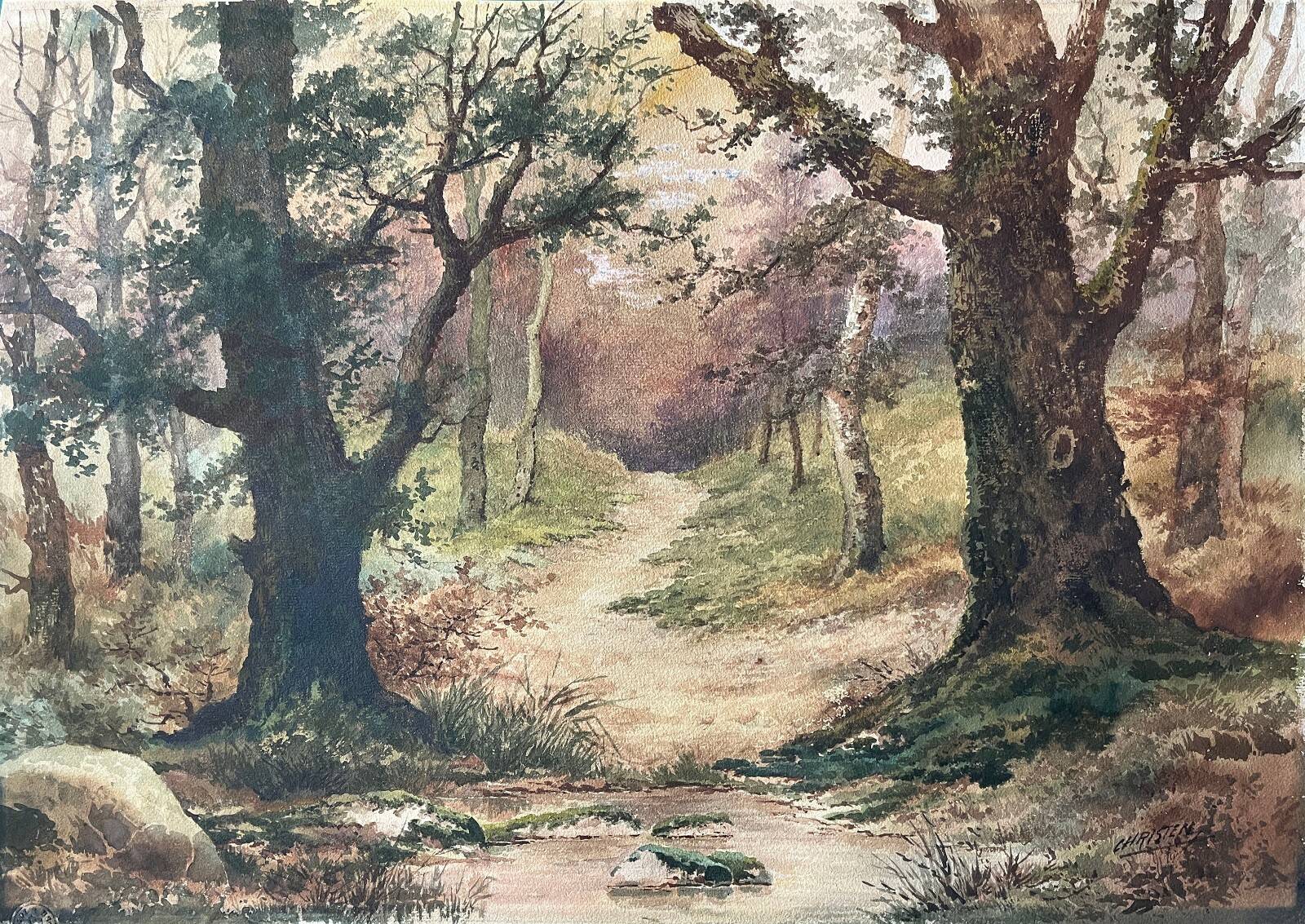 Tableau aquarelles signée Christen "Chemin en sous bois" XIX° siècle