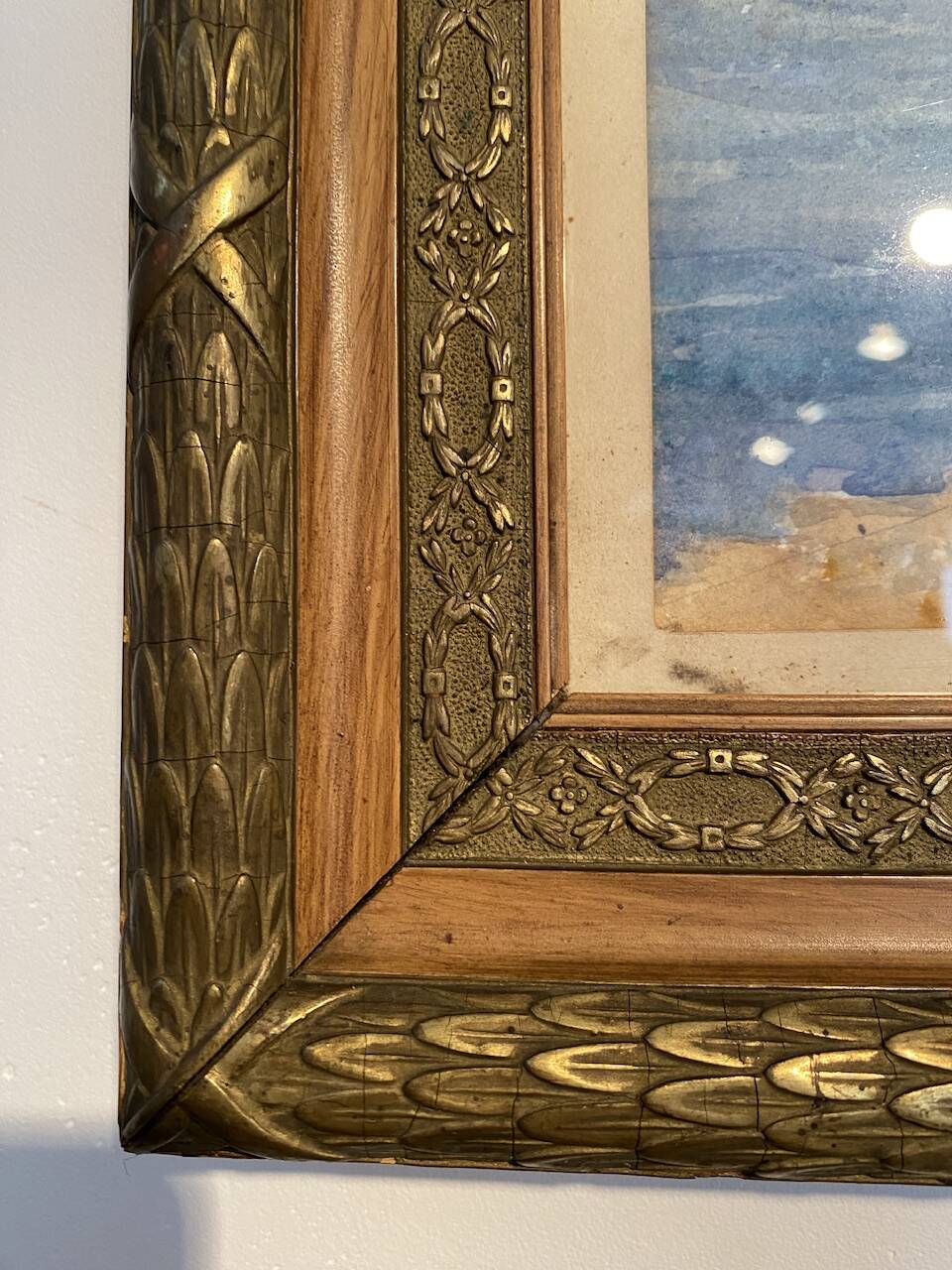 Old painting "Marine with boats" signed Marie Piat, 1930s-40s