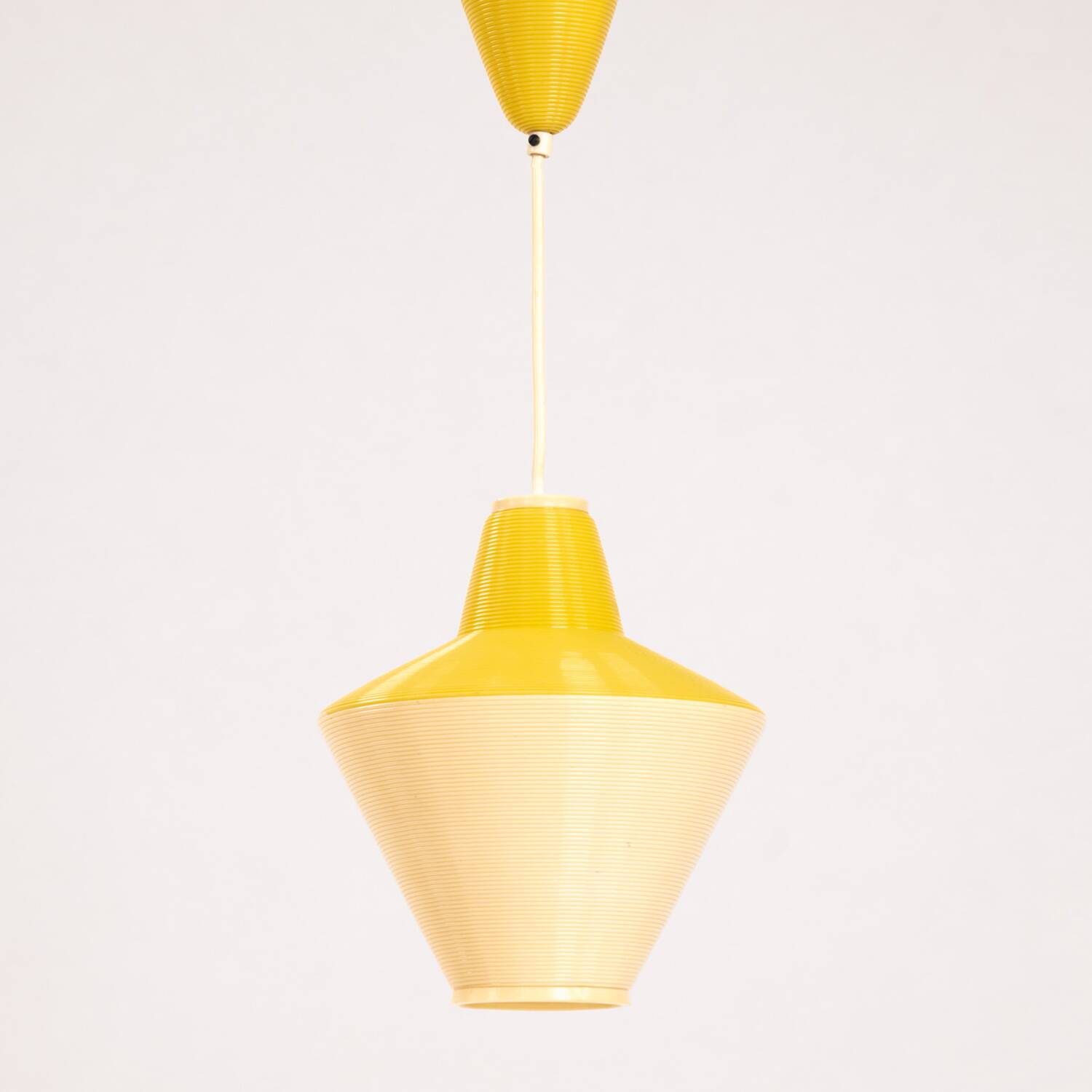 Yellow Rotaflex cellulose pending lamp by A.R.P, France 1970s