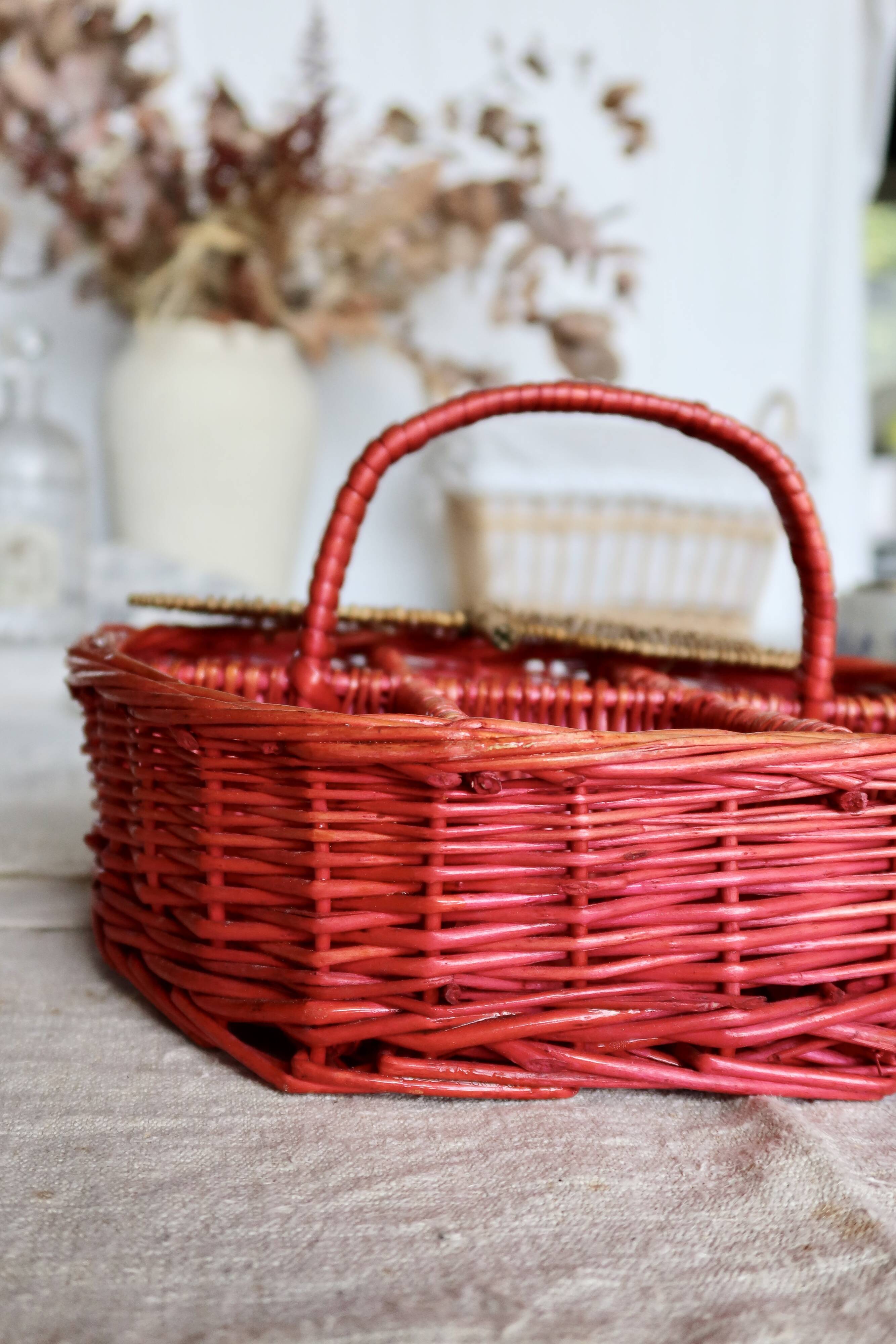 Large Vintage Painted Wicker Basket - Peach Shape