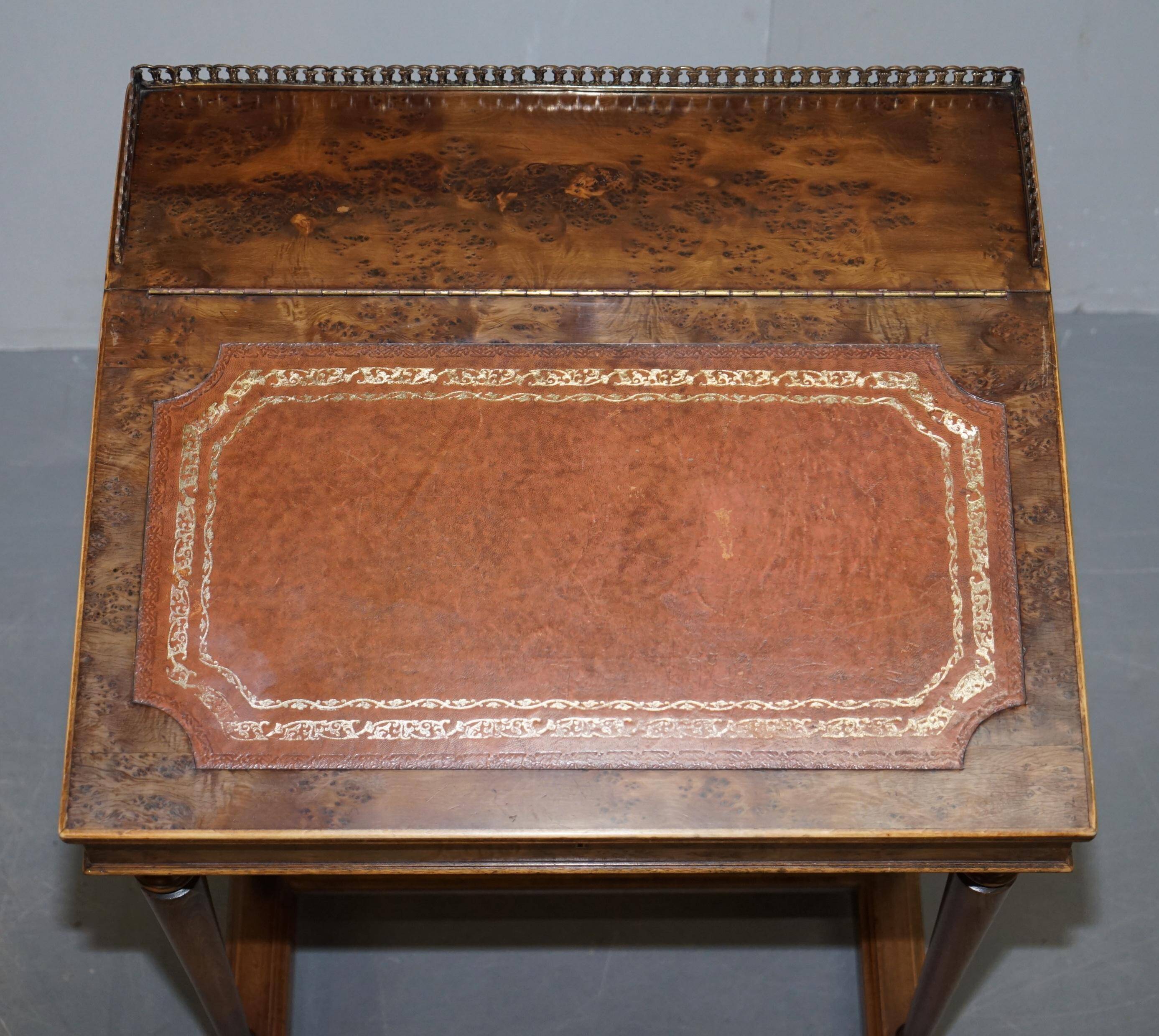 Davenport desk in walnut with leather and vintage brass gallery.