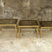 Brass, gold metal and 70s mirror glass tables
