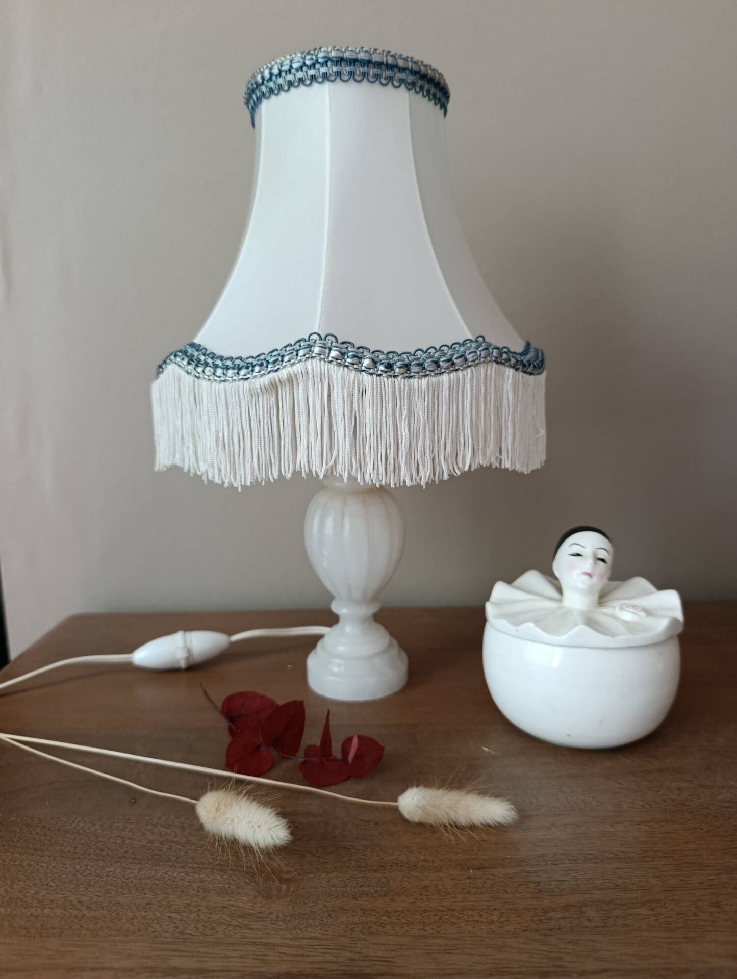 Alabaster lamp, satin white and blue pagoda shade.
