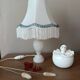 Alabaster lamp, satin white and blue pagoda shade.