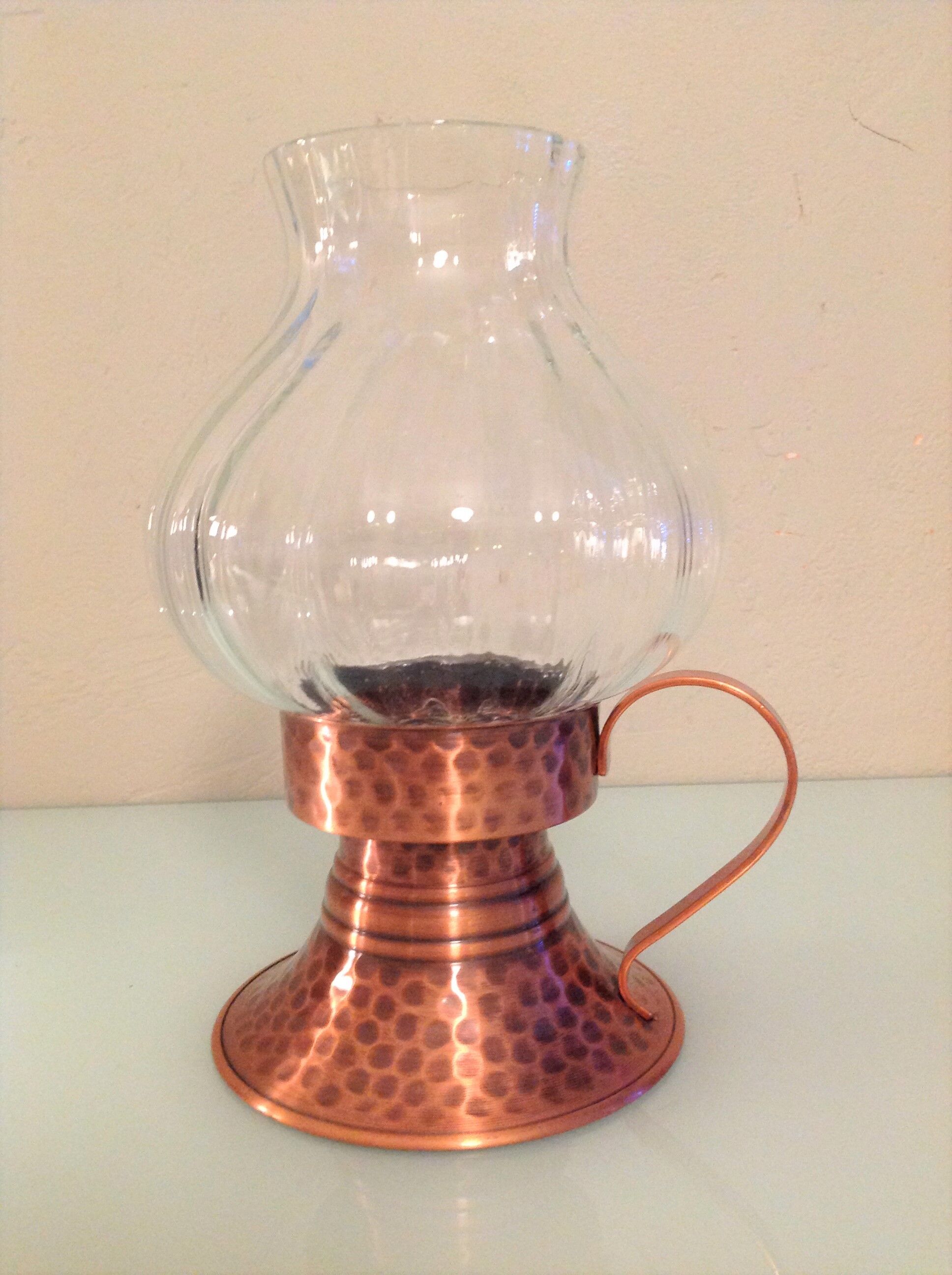 Hammered red copper candle holder and glass/vintage 60s/70s