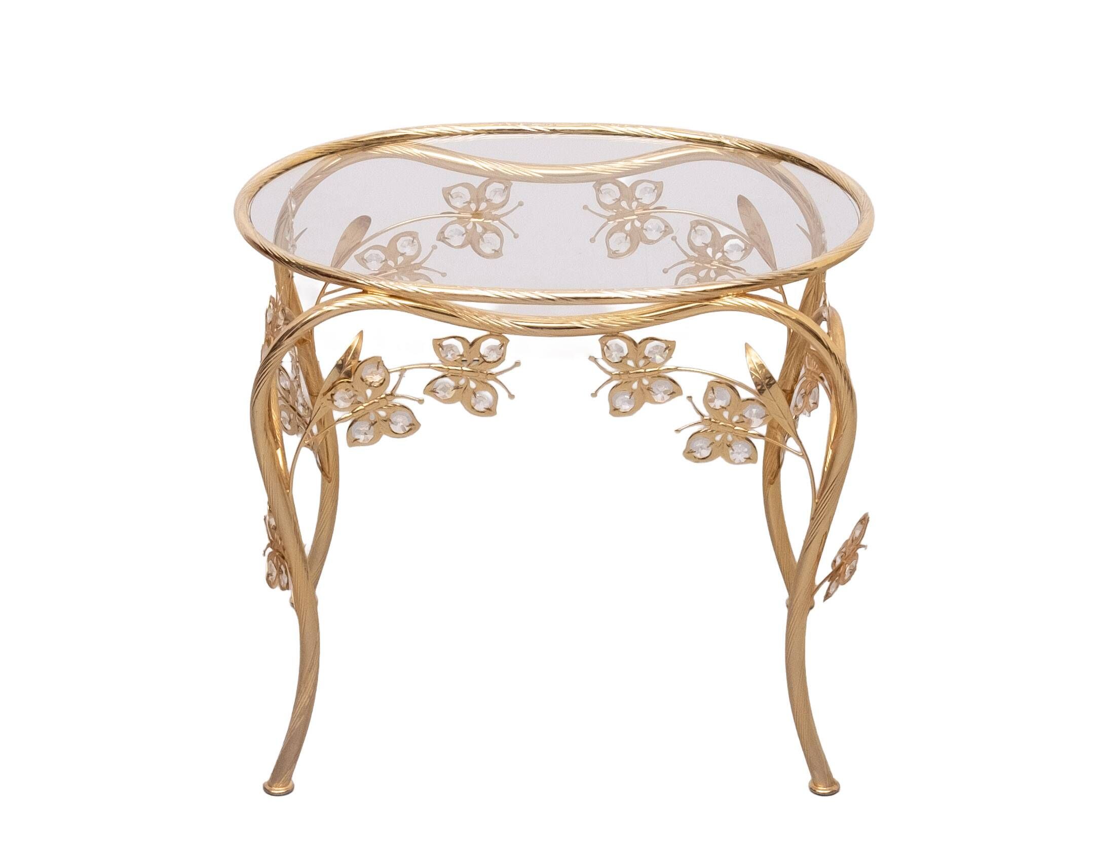 Butterfly brass and Crystal Oval shaped side Table Hollywood Regency 1980s