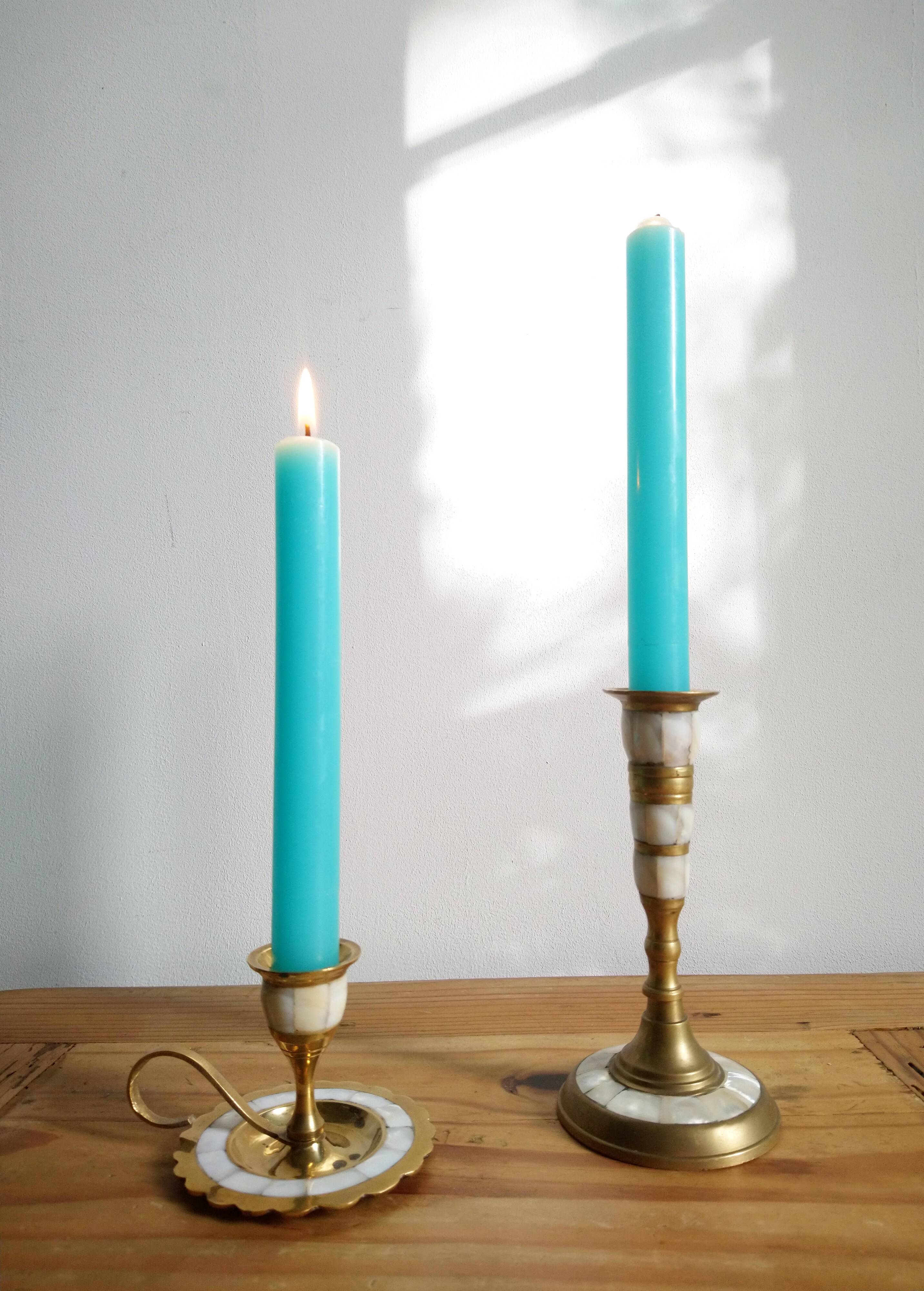 Brass and mother-of-pearl bougeoirs