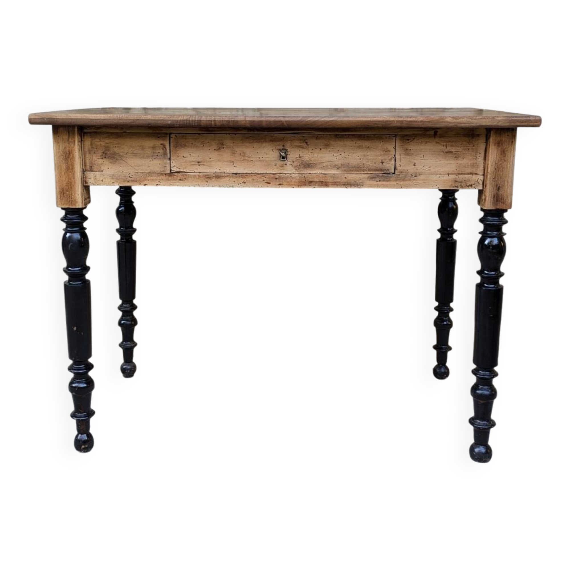 Solid wood desk, black base