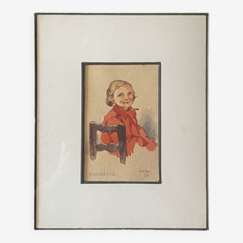 Tableau aquarelle "jeune fille" Pierrette datée de 1950 et cadre