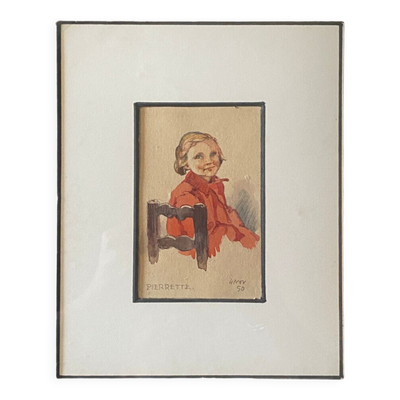 Tableau aquarelle ''jeune fille'' Pierrette datée de 1950 et cadre