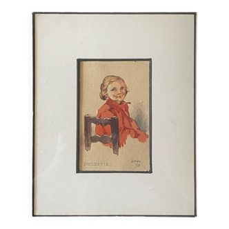 Watercolor painting "young girl" Pierrette dated 1950 and frame