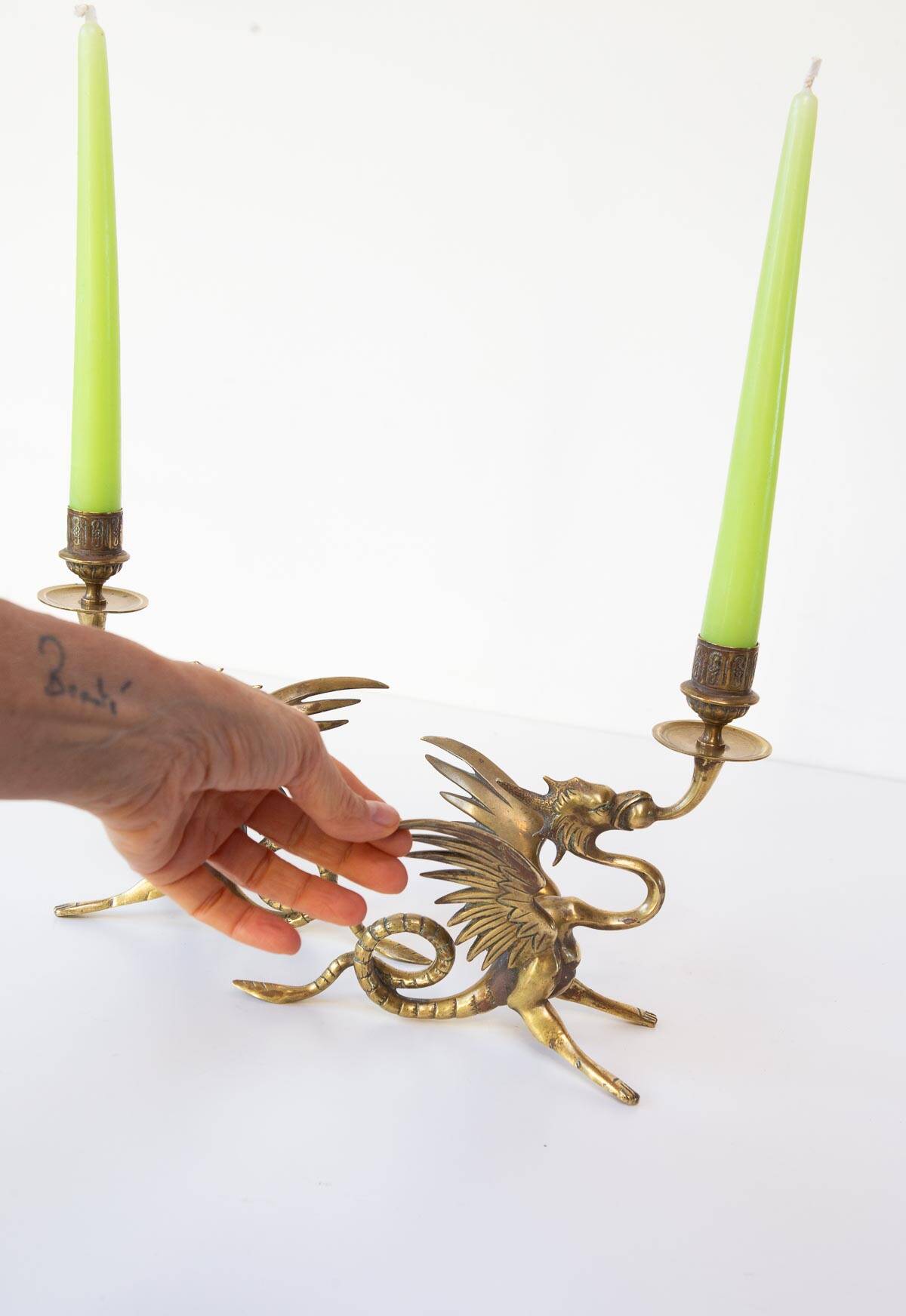 Pair of 19th century gilded brass “chimera” candlesticks