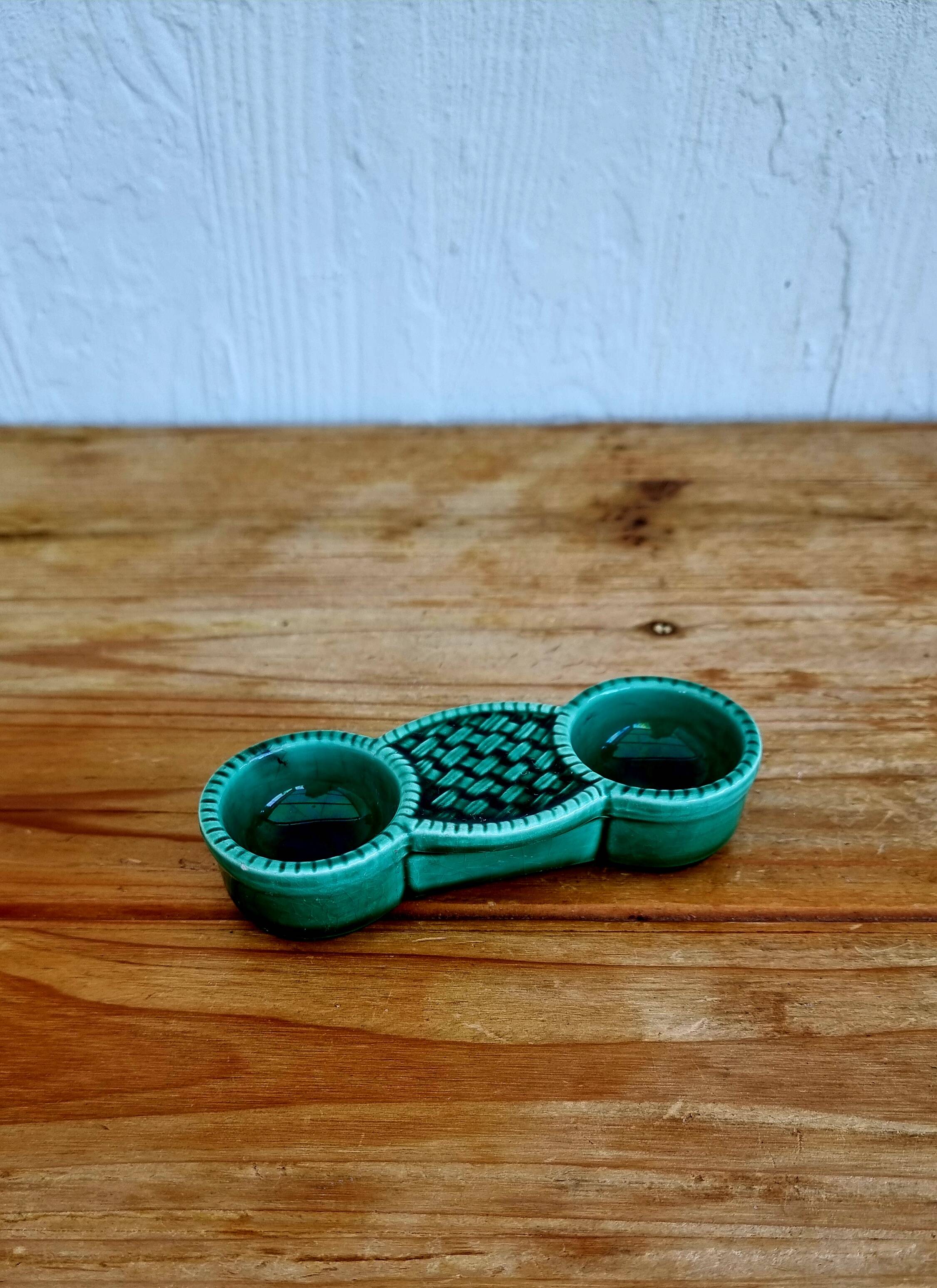 Salière double vintage en céramique vert émaillé 60's
