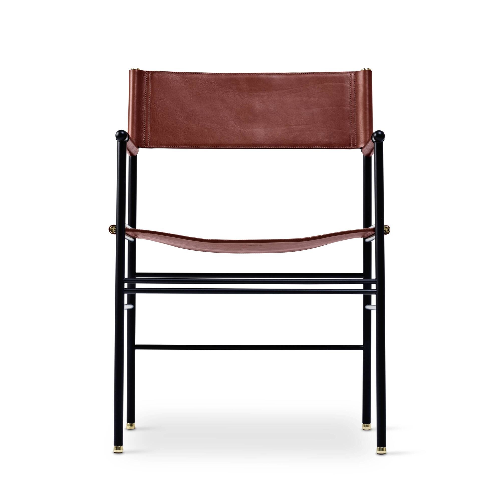 Classic bar stool with cognac leather backrest and black rubber metal.