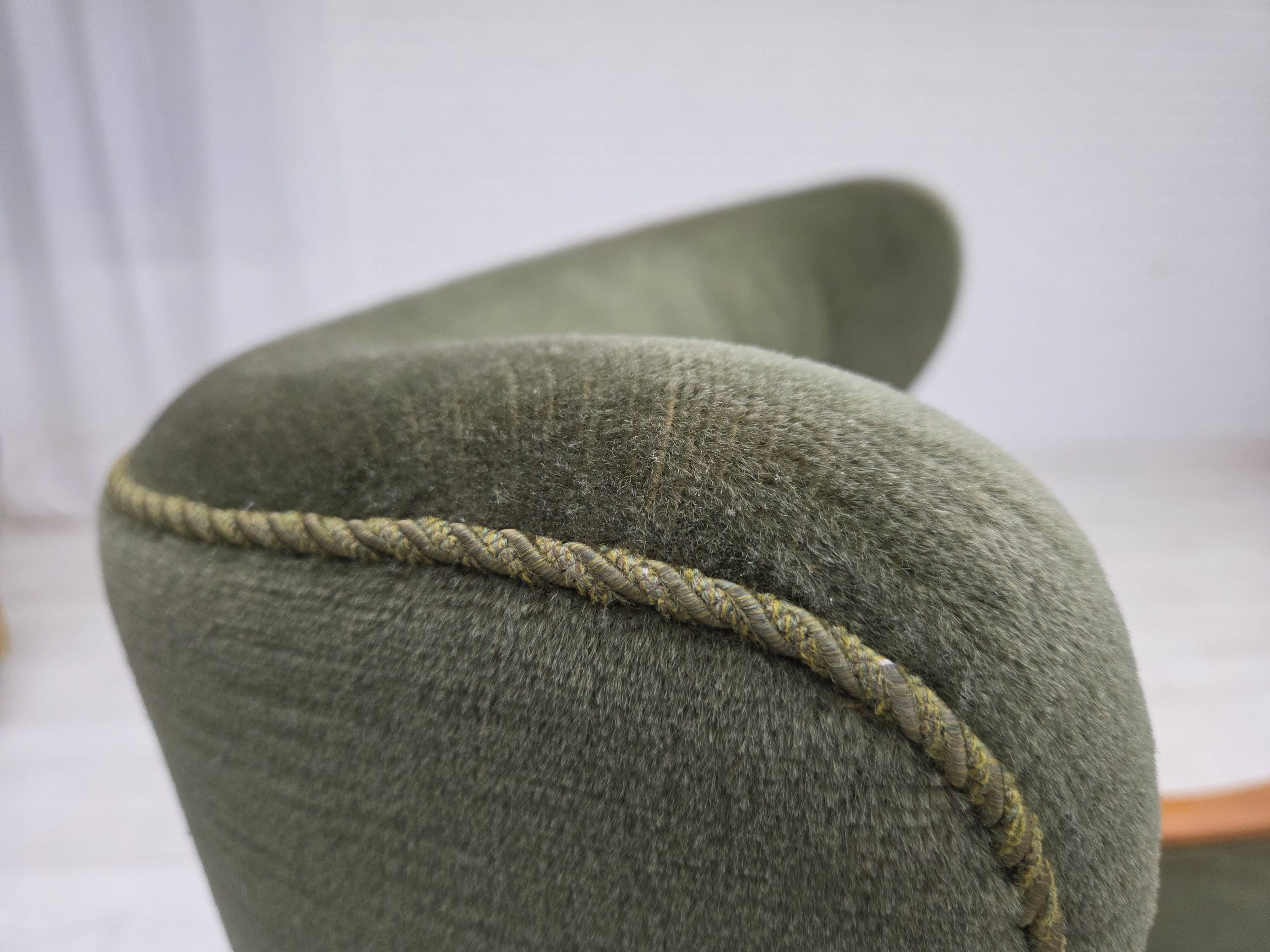 1960s, Danish highback armchair, green furniture velour, teak wood.