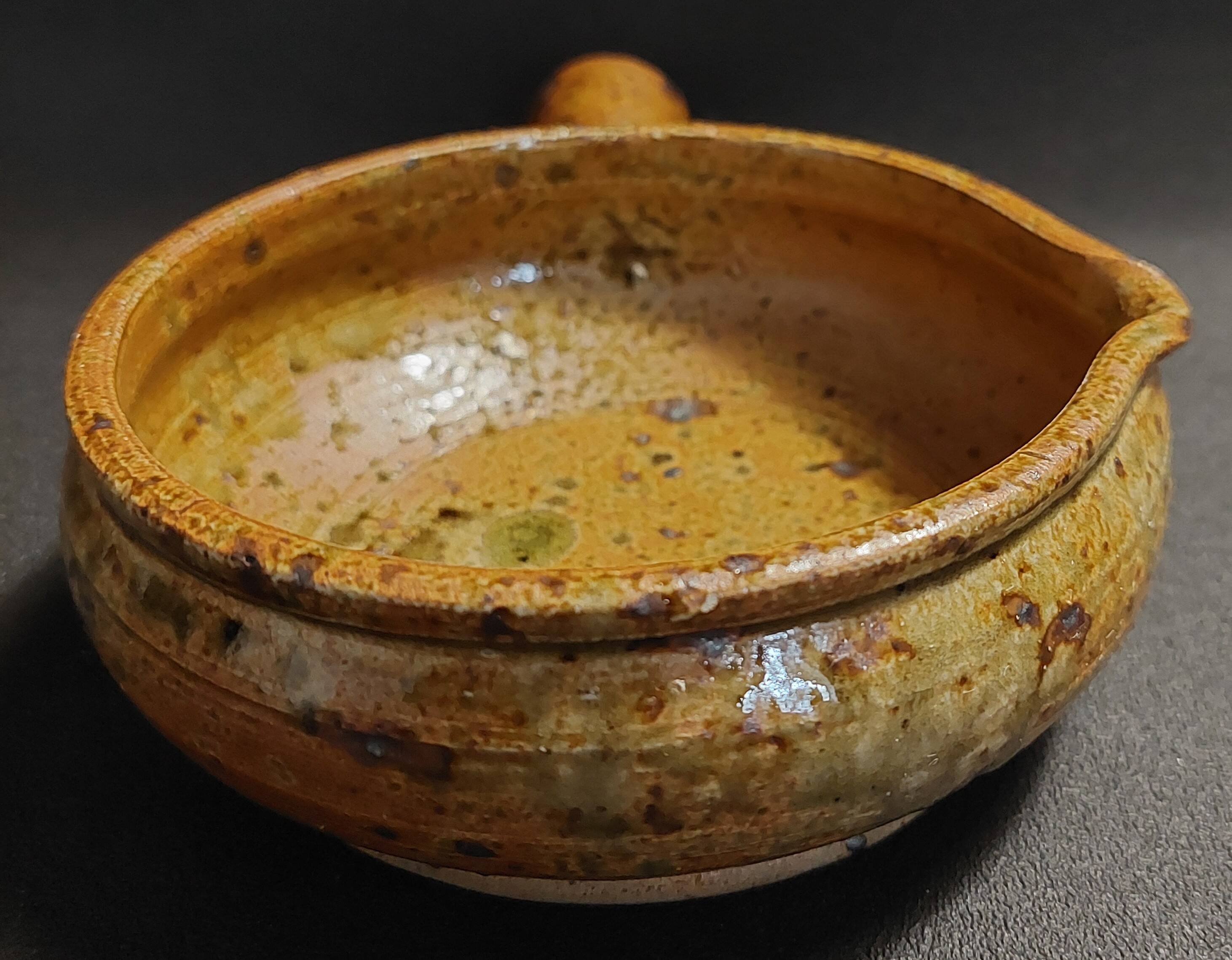 Pyrite stoneware fondue pot pan signed JPG Puisaye 20th century