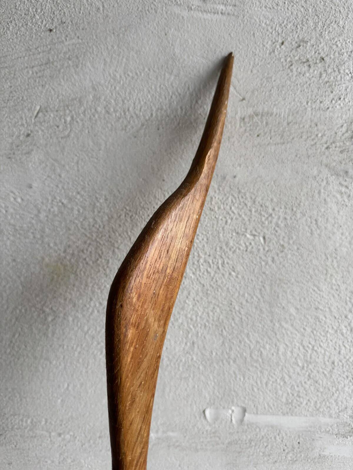 Tall Natural Wood Heron Crane Sculpture — Minimalist Brown Solid Wood Decorative Art Piece