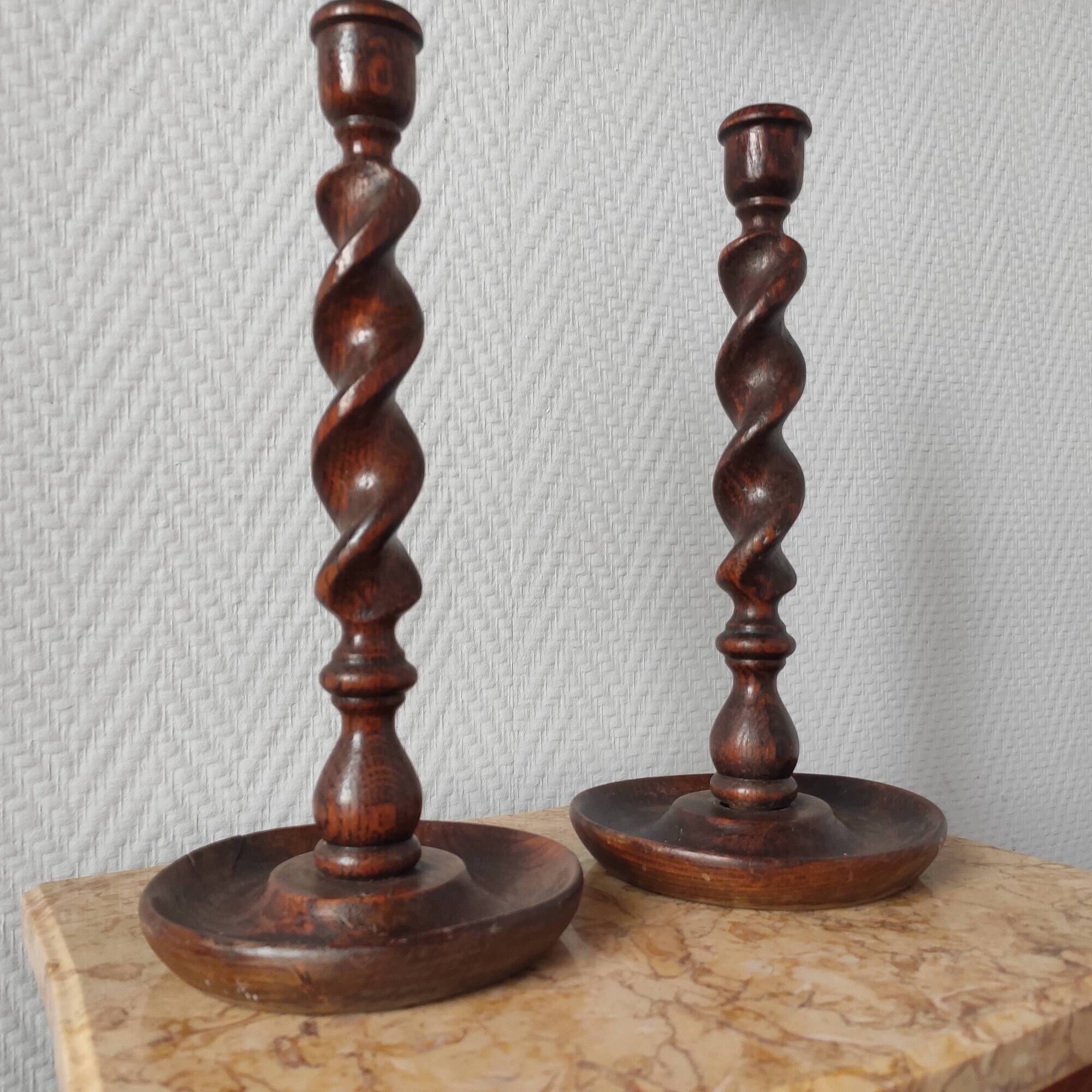 Pair of antique English turned wood candlesticks