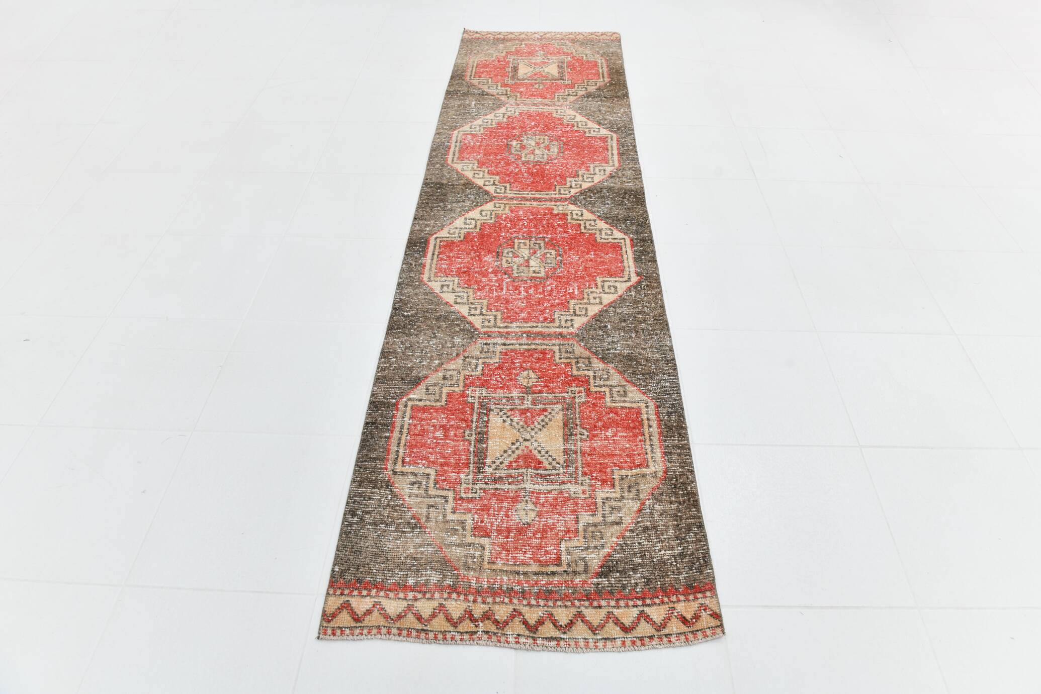 3x10 Red Brown Tribal Pattern Vintage Runner Rug, 78x305Cm
