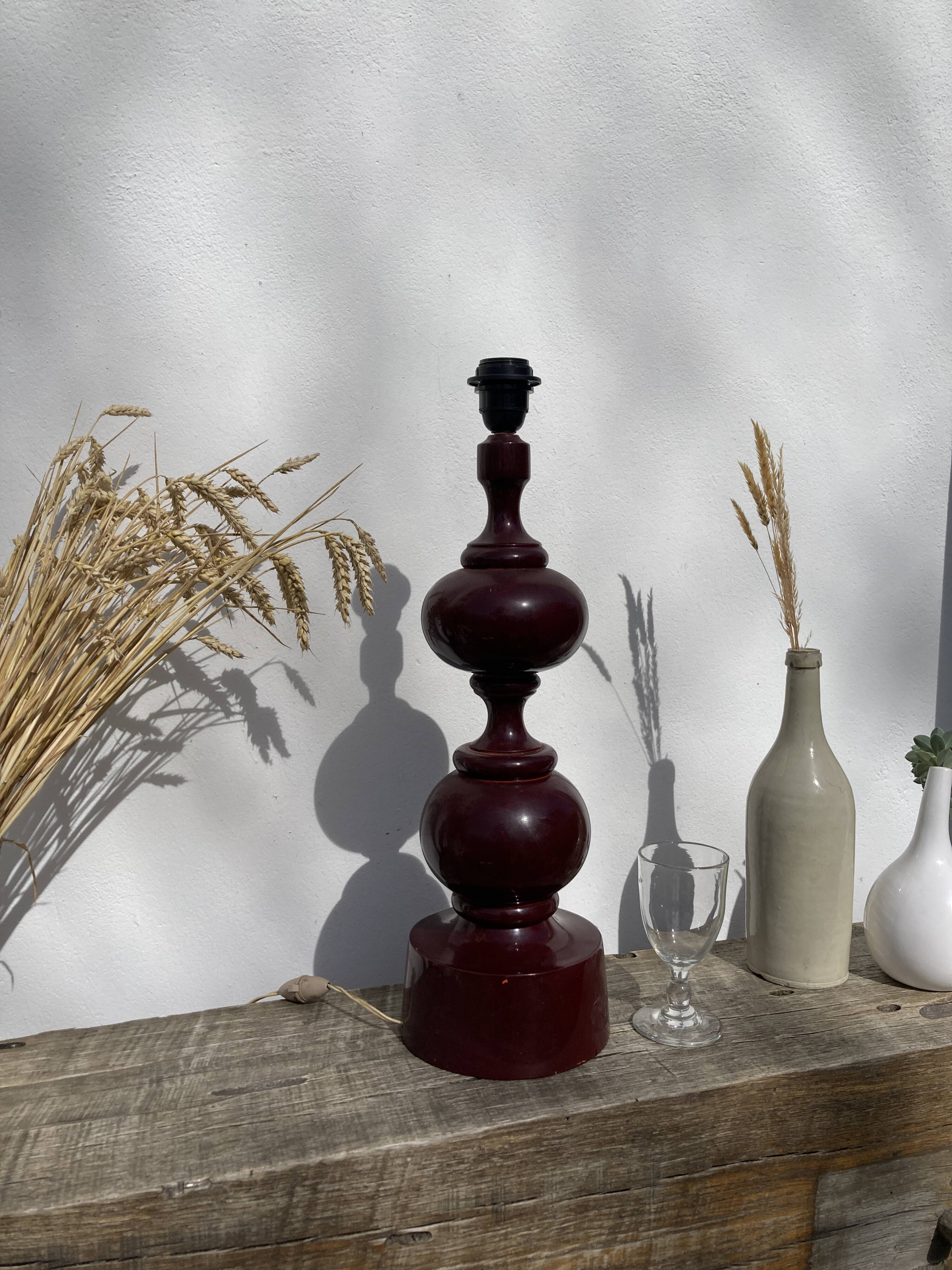 Large 1970 wooden lamp foot turned plum