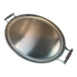 plateau de forme oblong en inox et bois de l'orfèvre Jean Couzon