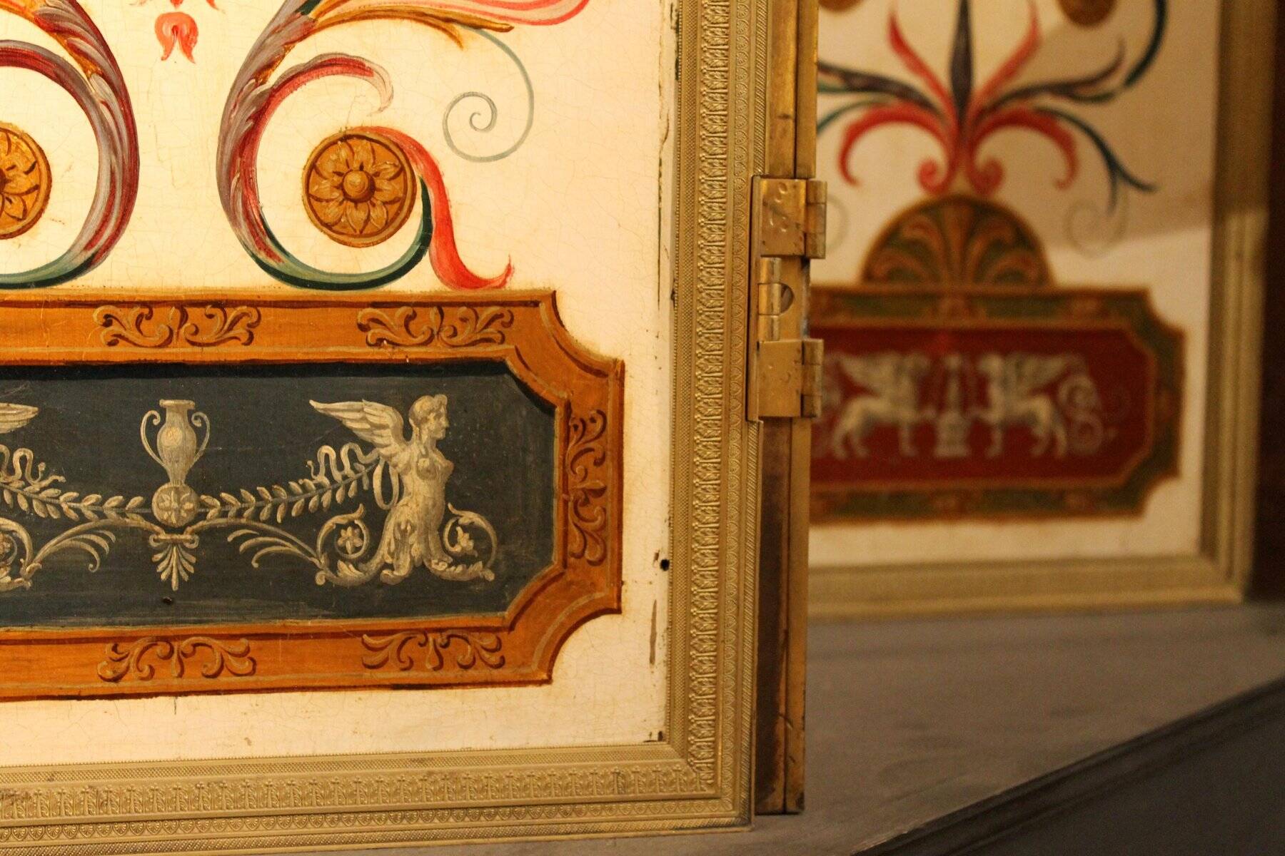 19th Century Italian Six-Panel Painted Wood Folding Screen in Gilt Bronze Frame
