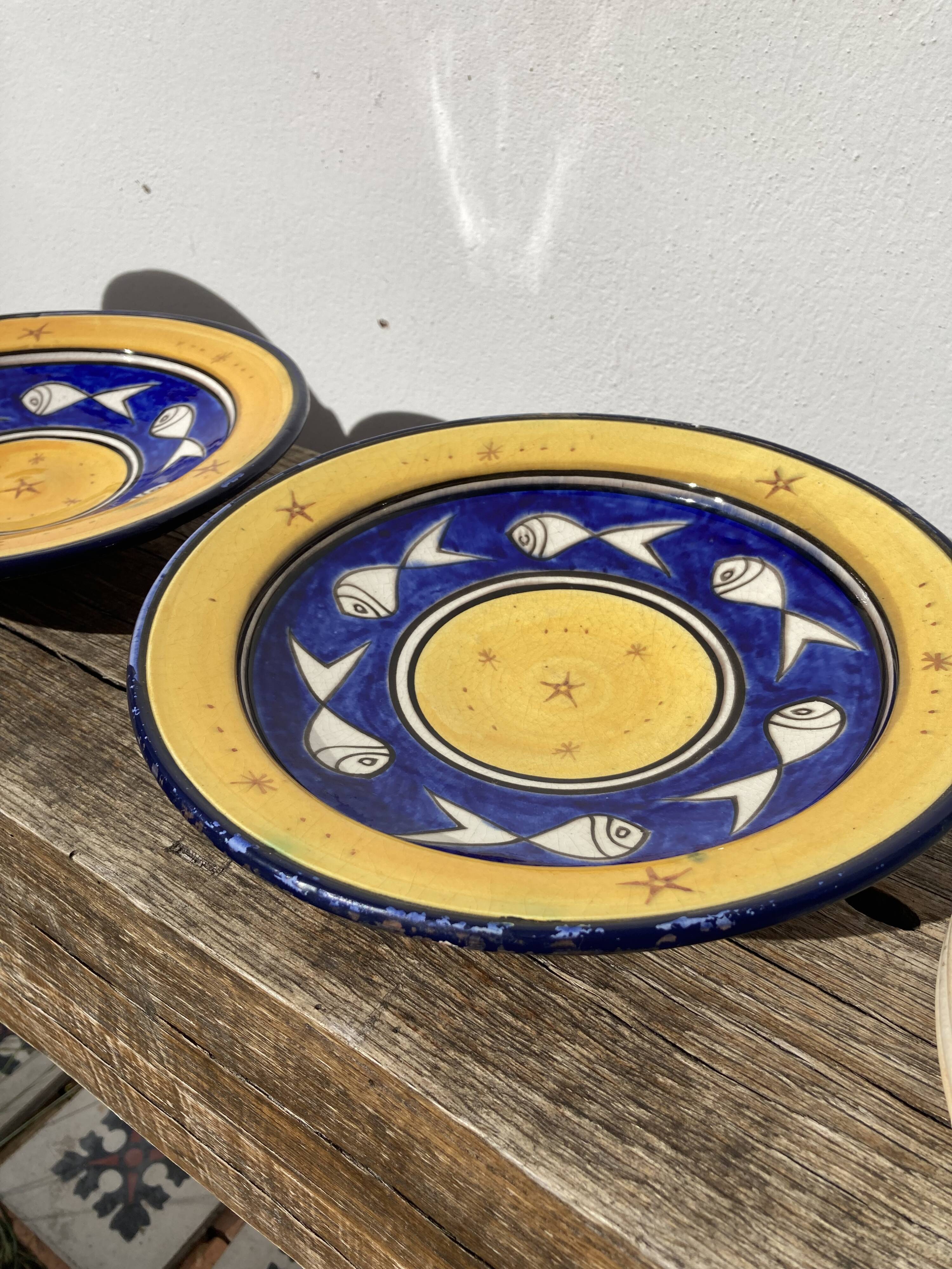 Pair of dishes Safi Dmani ethnic ceramic fish yellow and blue - vintage pottery