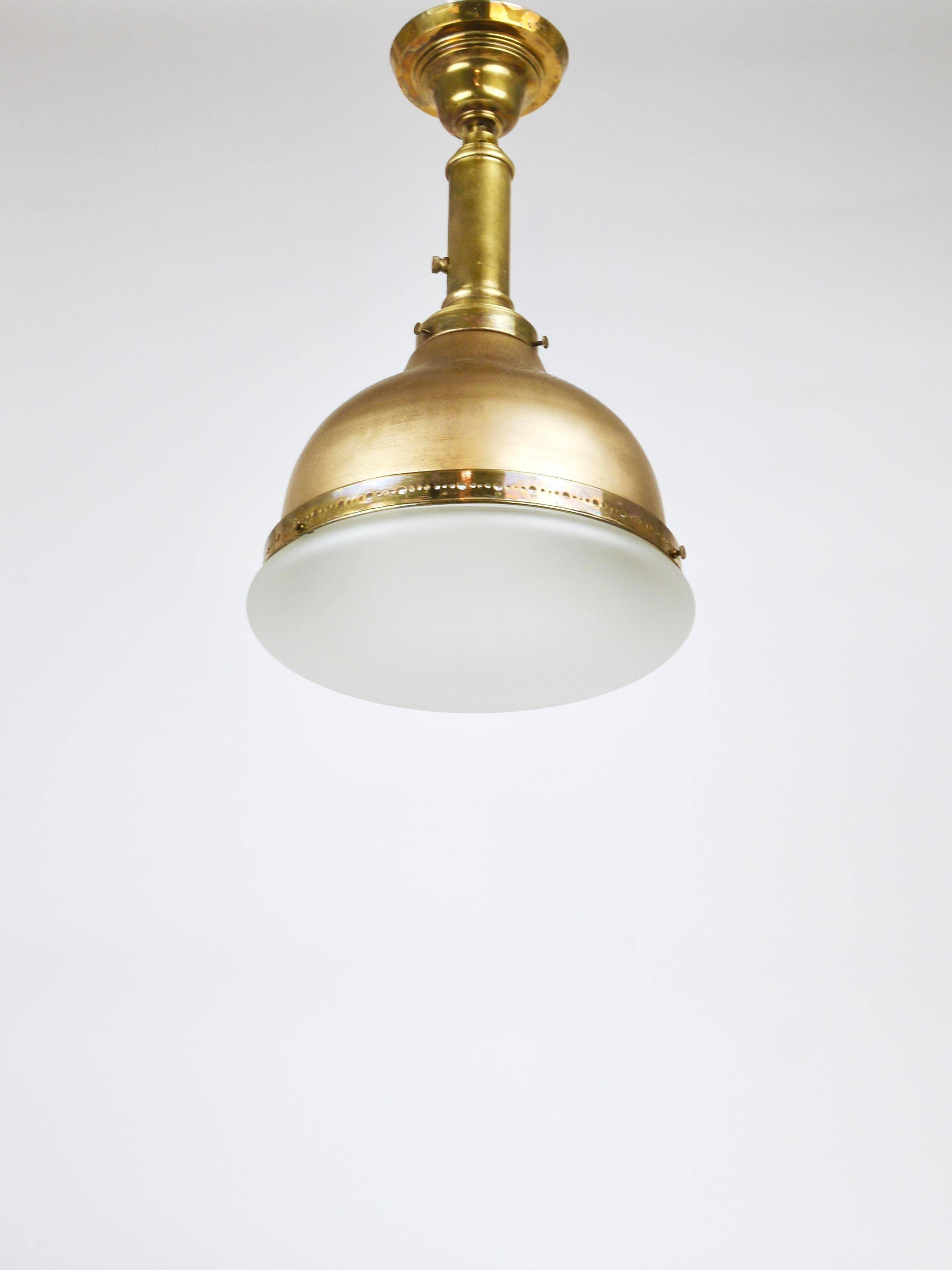 Art Nouveau pendant lamp in brass and glass from the 1920s, ceiling light, Jena, Germany.