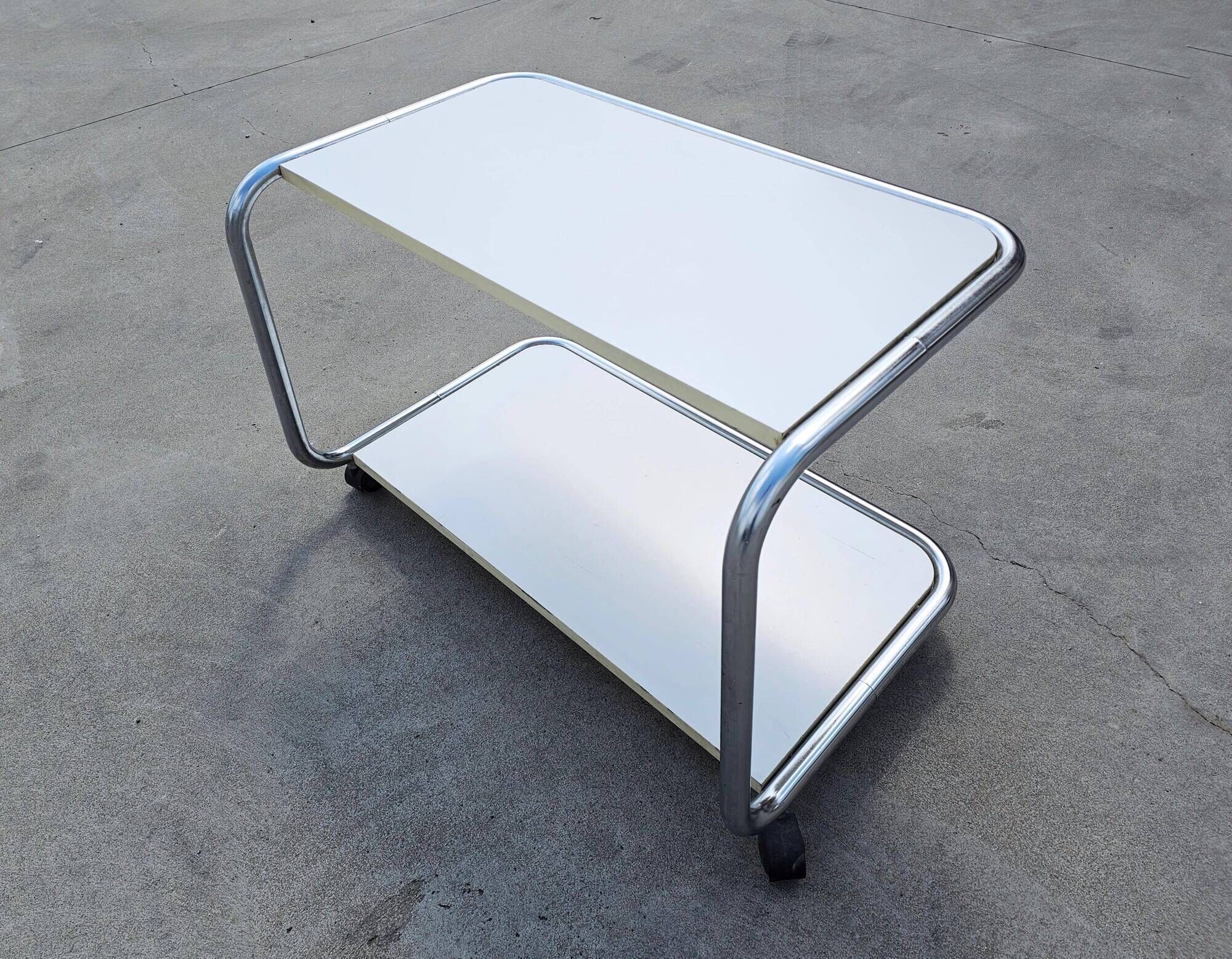 Tubular side table with 2 levels in Bauhaus style, tubular steel, 1970s.