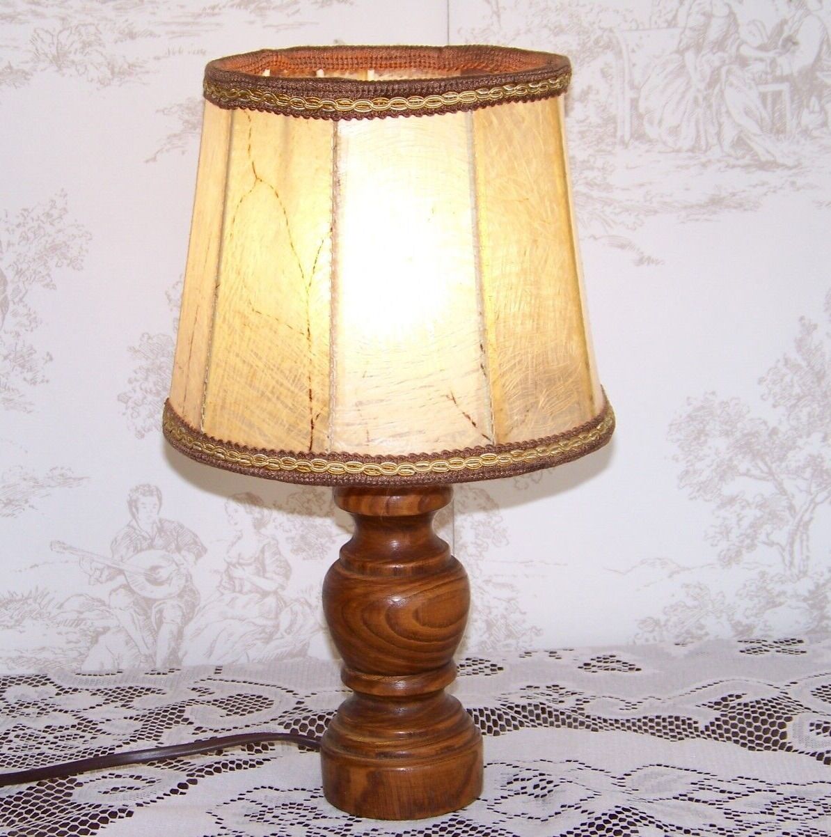 Small French Round Turned Wood Table Lamp With Hand Made Hide Skin Shade 4355