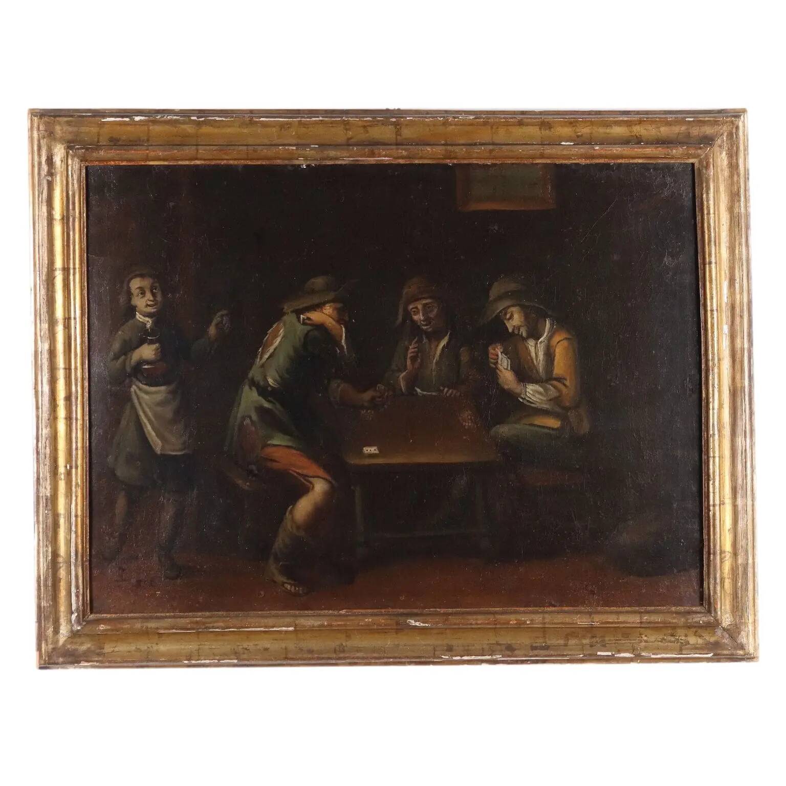 Peinture ancienne « Joueurs de cartes » huile sur toile Italie XVIIIe siècle