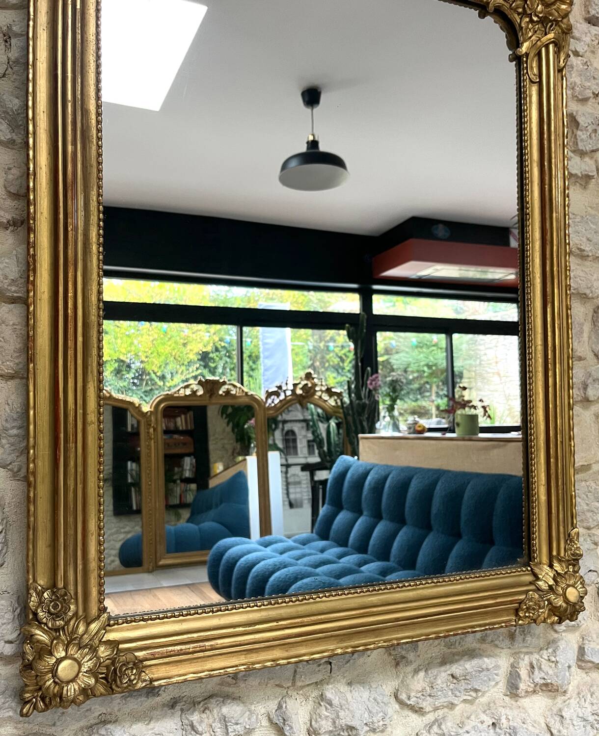 Louis-Philippe mirror gilded with gold leaf, mercury glass, 97.5cm