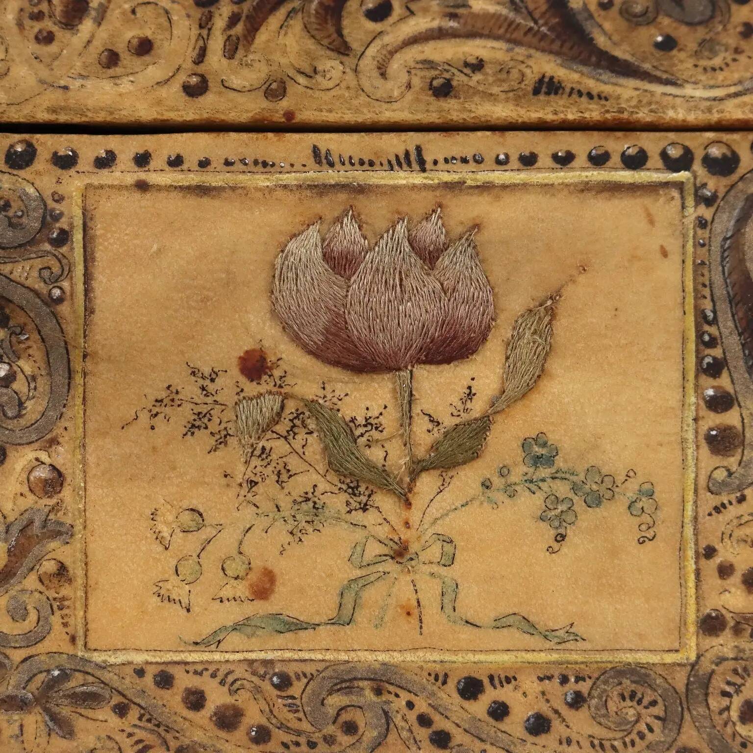 Antique wooden box covered with painted parchment, Italy, 19th-20th century.