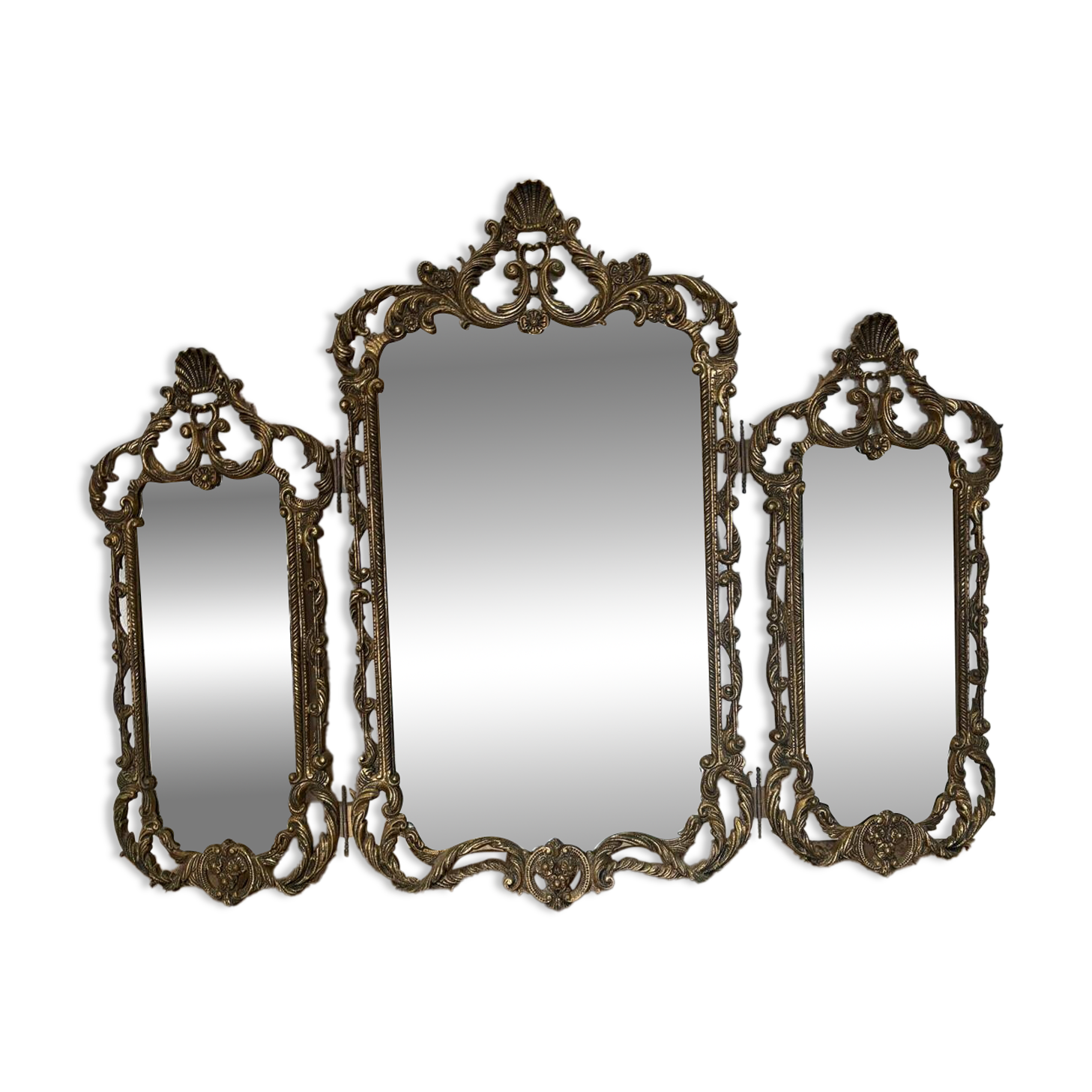Triptyque Miroir Baroque/Rococo en laiton Doré, vers 1950 -M