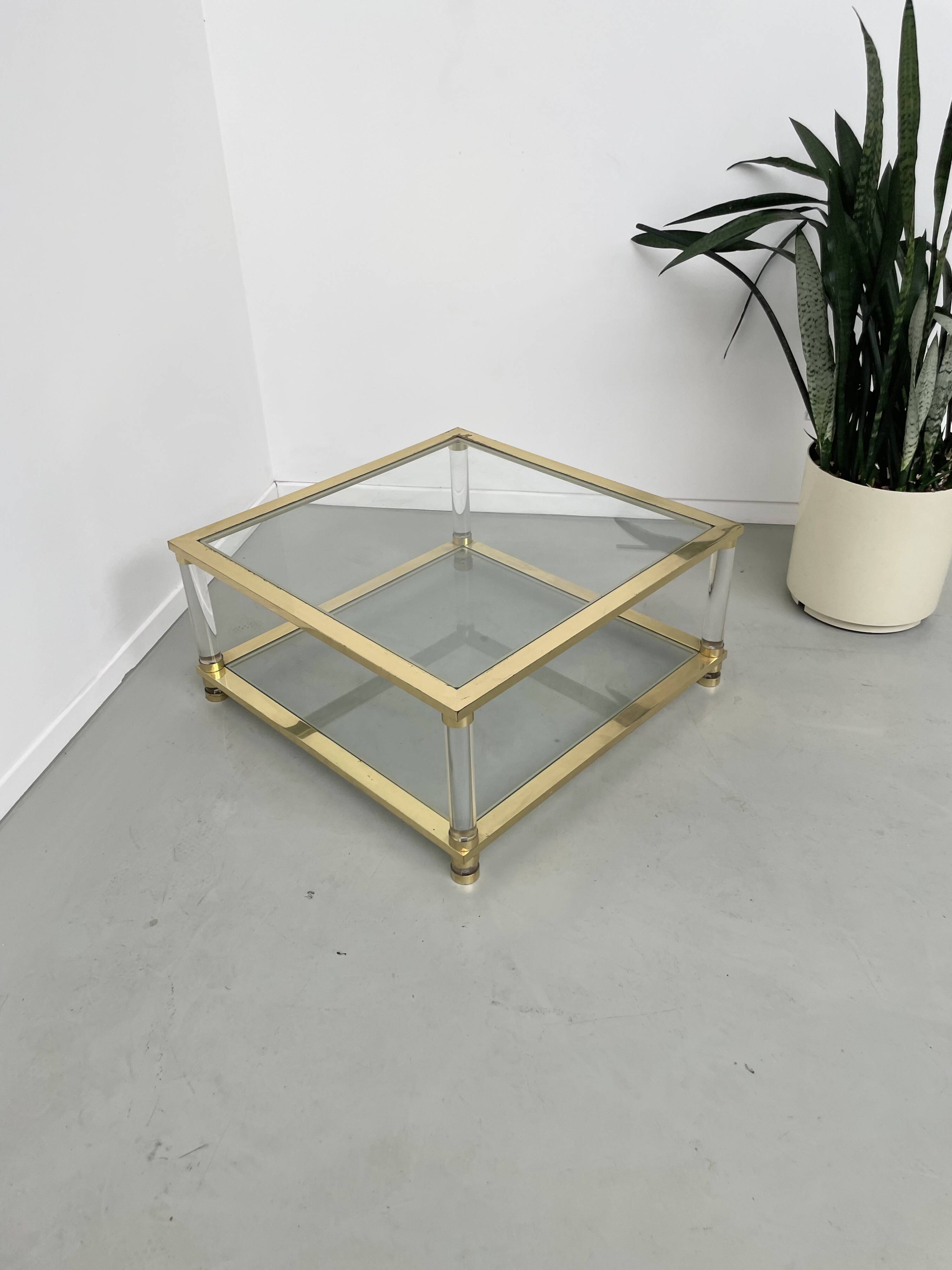 1970s lucite, brass and glass coffee table