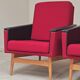 Pair of Drevotex Zamberk armchairs, red fabric and faux leather 1970