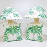 Pair of Tommaso Barbi Riviera palm tree table lamps from the 1970s with matching cushions.