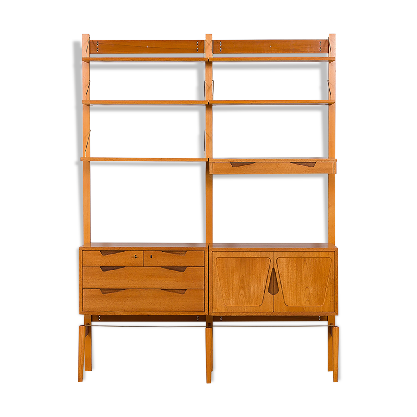 Rival 2 bay teak wall unit with 3 cabinets and 5 shelves by Brodrene Jatogs Norway, Kjell Riise, 196